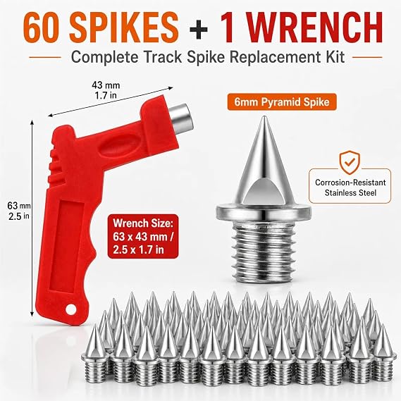 60PCS 6mm Track Spikes and Running Shoe Spikes with Wrench | Stainless Steel Pyramid Replacement Set for Sprint, Cross Country, Field Events and Athletics Shoes