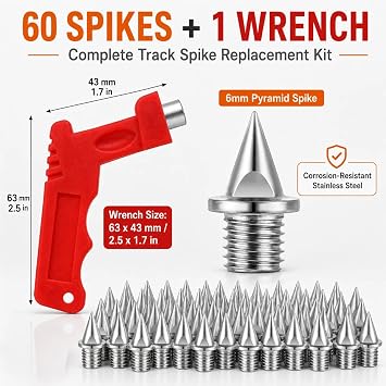 60PCS 6mm Track Spikes and Running Shoe Spikes with Wrench | Stainless Steel Pyramid Replacement Set for Sprint, Cross Country, Field Events and Athletics Shoes