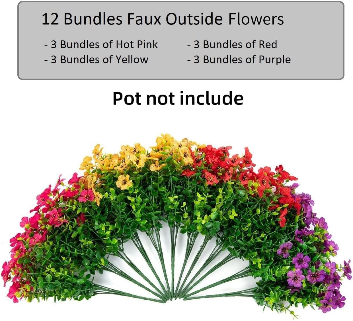 HyeFlora Artificial Flowers for Outdoor Indoor Garden Home Decoration, Faux Flower Daisy with Eucalyptus Leaves Fake Plants Greenery Boxwood Porch Patio, 12 Bundles (Mix Pink Red Purple Yellow) - Image 2