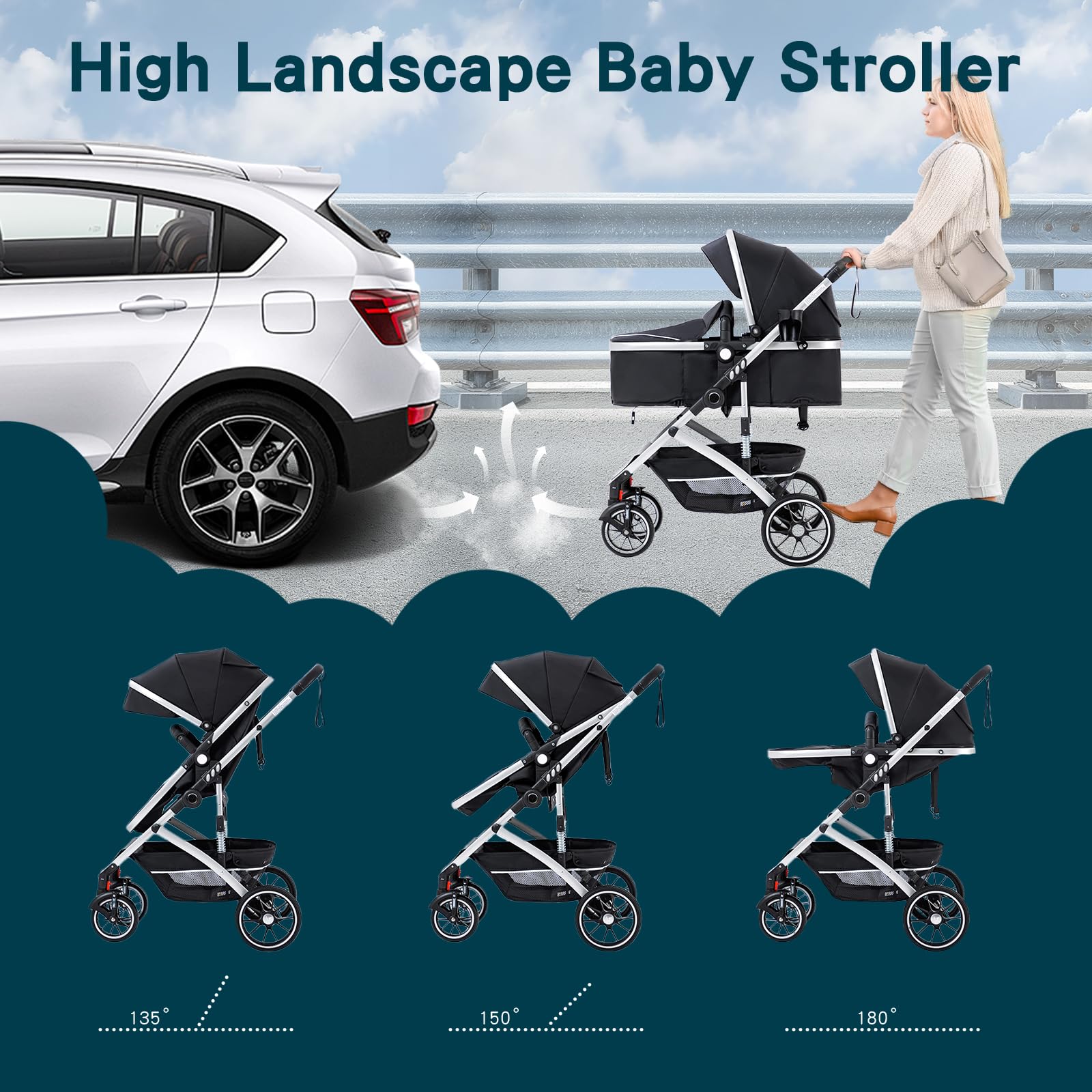 3 en 1 Cochecito de Bebé, Sistema de Viaje, Carrito Bebé Plegable con Un Solo Clic, Silla de Paseo, Capazo y Asiento de Cochecito con Mosquitera, Silla de Coche Alto para Recién Nacido 0-4Años