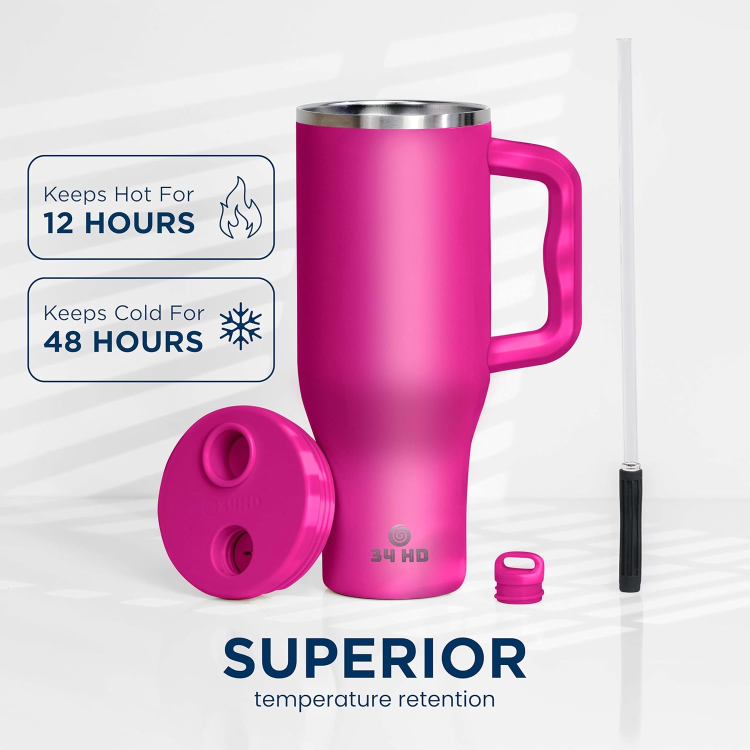 34HD 40 oz Stainless Steel Tumbler - Leakproof Insulated Water Bottle with Handle, Magnetic Lid and Flexible Straw - 48 Hours Iced – Perfect for Men, Women, Birthday Present, Pink - Hot Pink