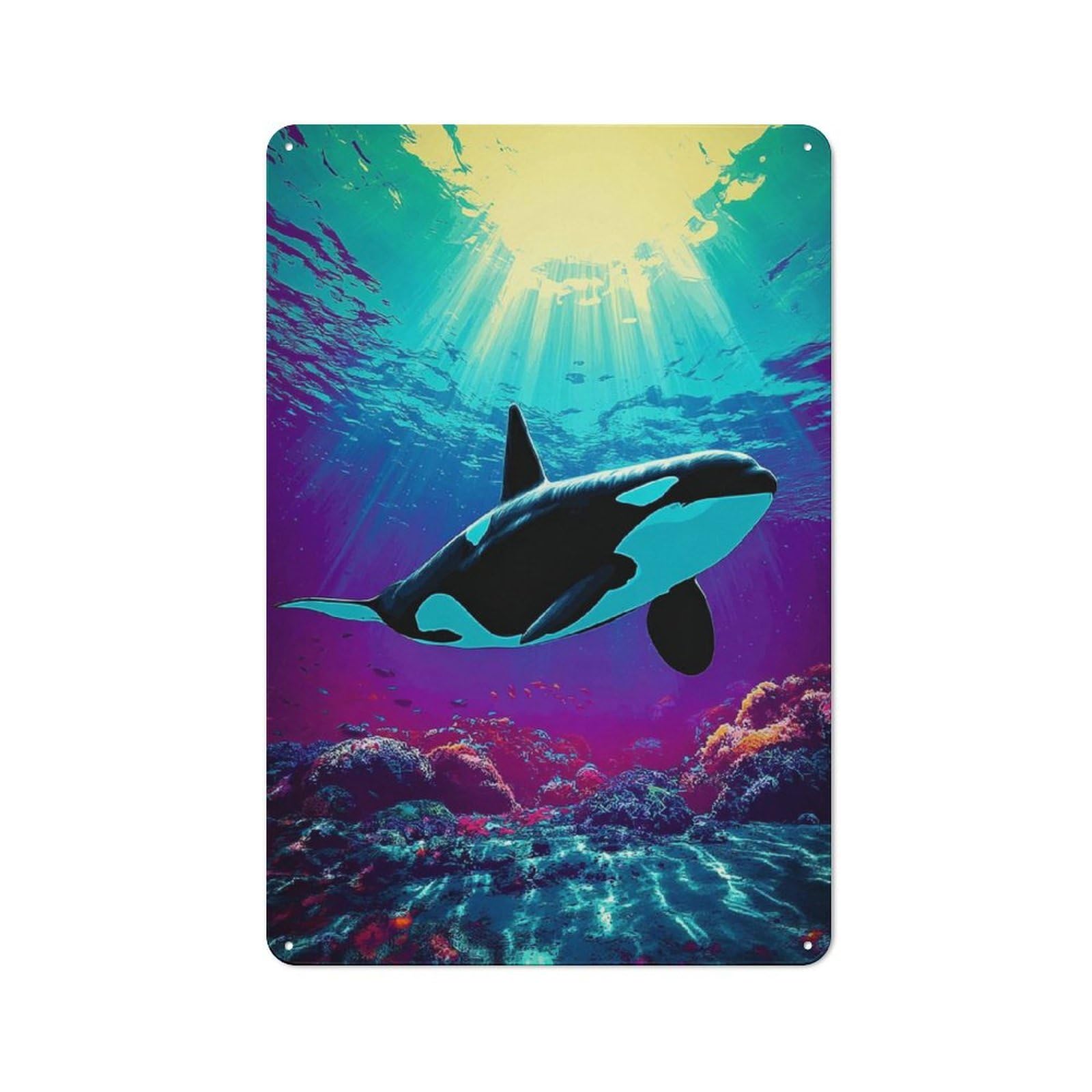 Junmoney Orca Swimming In Vibrant Coral Reef Retro Metal Sign 30X20cm, Garage Style Shed Wall Plaque For Garage, Hobby Room, Office Or Man Cave