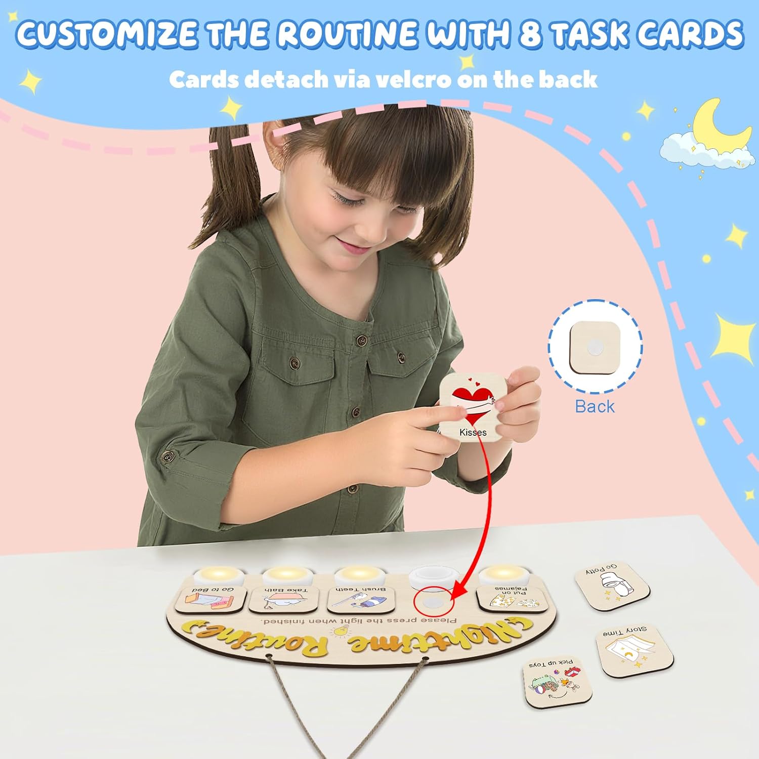 Bedtime Routine Chart for Toddlers, Visual Schedule Chore Chart Night to Do List with 5 Tap Lights & 8 Activity Cards Planning, Wooden Schedule Board for Kids, Preschoolers, Autism, ADHD Tools