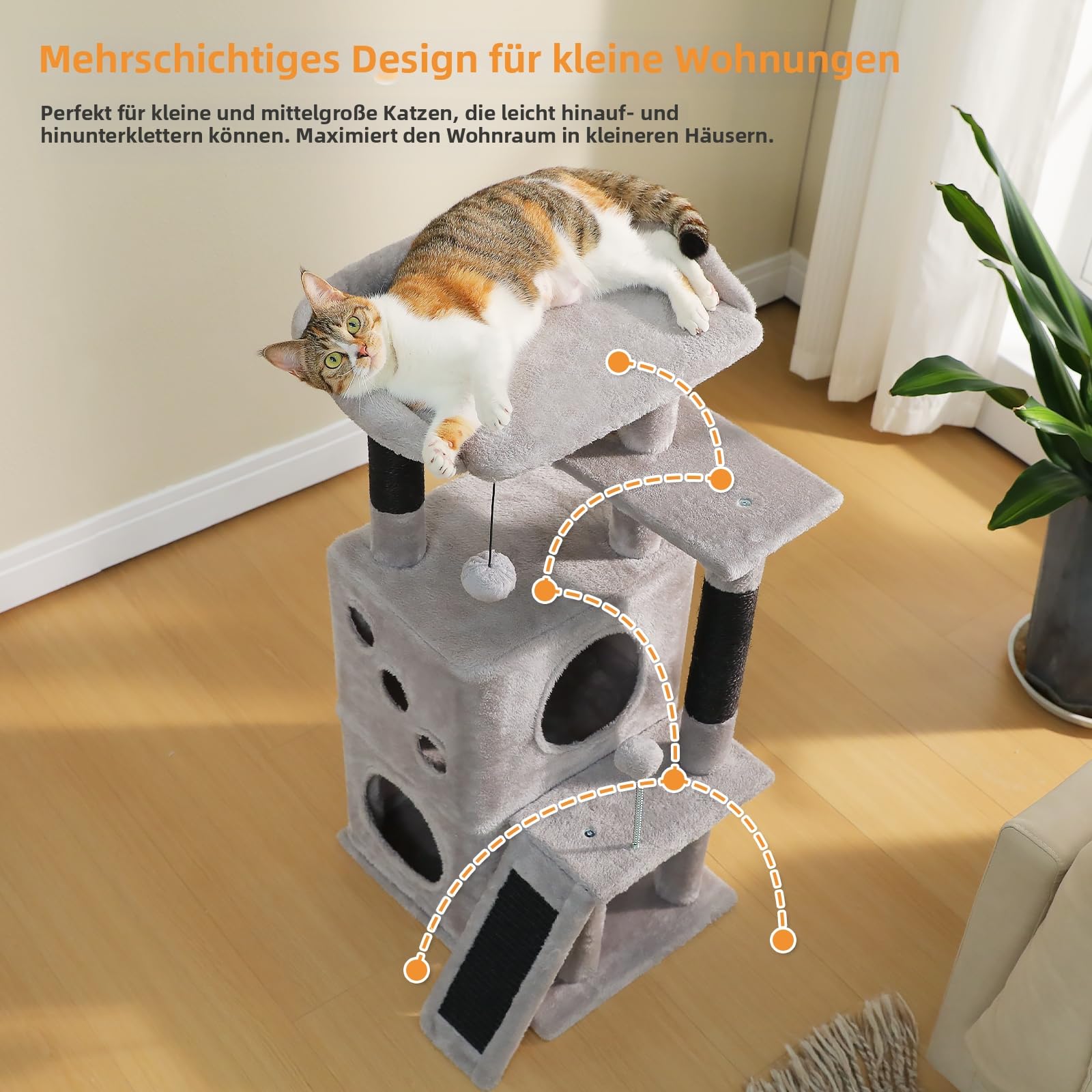 PETEPELA Kratzbaum für Katzen, 88 cm, Kleine Katzenhöhle mit Kratzpfosten, 2 Kuschelhöhlen, Kratzrampe & Hängespielzeug, Katzen-Spielhaus für Mehrkatzenhaushalte, Schwarz
