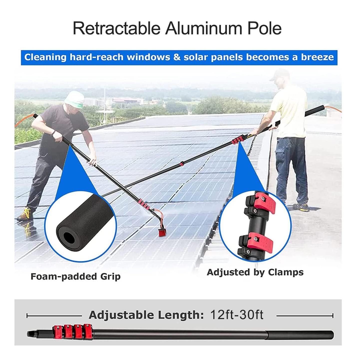 Cepillo telescópico, Cepillo para Limpieza de Paneles solares y Mango Extensible, Kit de Limpieza de Ventanas, Cepillo Extensible con Suministro de Agua, Herramientas de