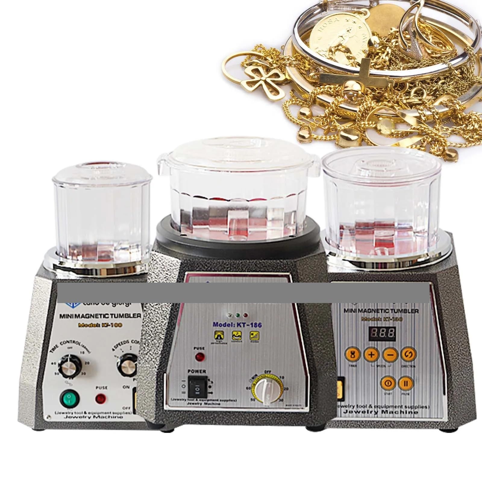 Pulidora de Joyas con Vaso magnético, pulidora de Joyas con 4 velocidades, Control de Tiempo y Acabado de Diamantes con Tapa de tazón.(Kt186)