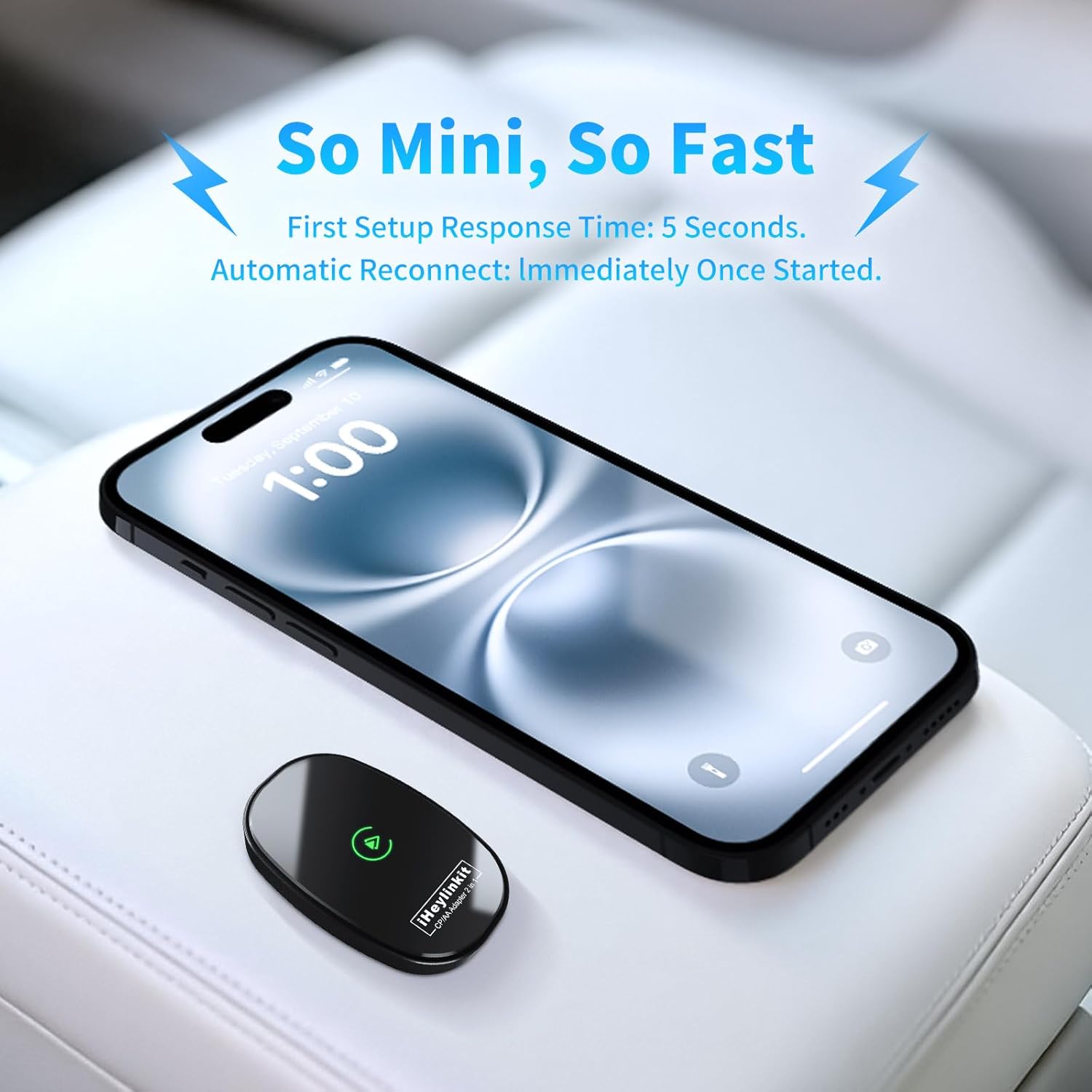 Compatibility chart for iHeylinkit adapter showing supported car models and phone OS versions