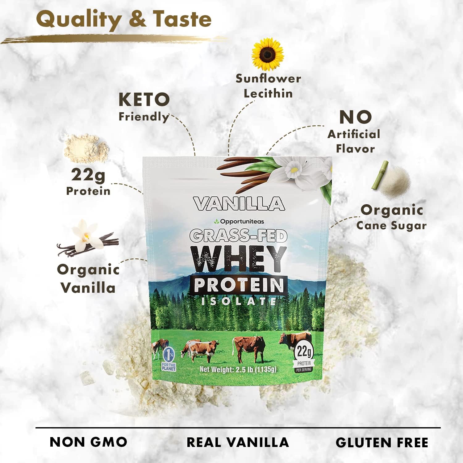 Opportuniteas Vanilla Whey Protein Powder - Grass Fed Whey Isolate + Real Sugar & Vanilla Flavor - Perfect for Shakes, Smoothies, Drinks, Cooking & Baking - Non GMO & Gluten Free - 2.5lb