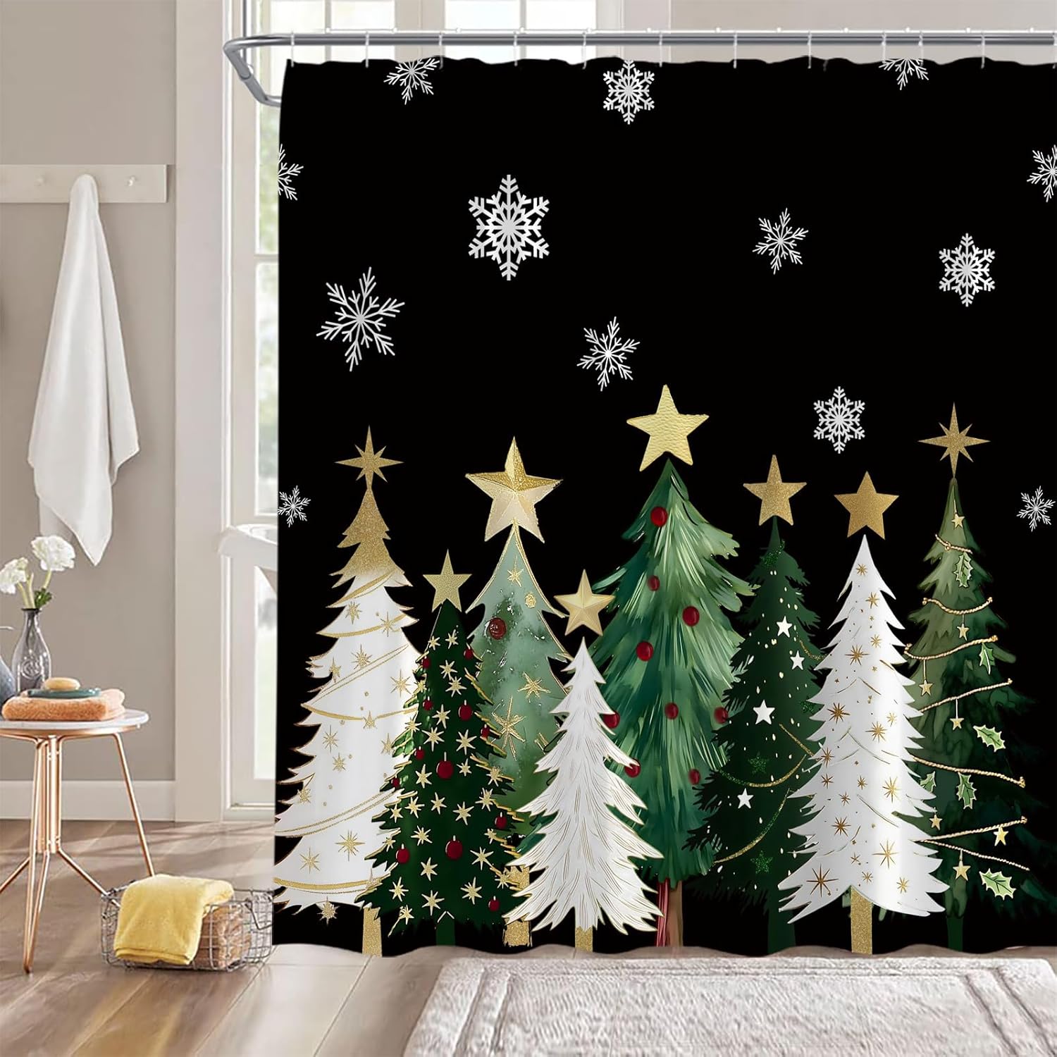 Christmas Tree Shower Curtain Black Rustic Xmas Pine Tree Snowflake Winter Holiday Merry Christmas 70" Wx96 H Bathroom Decor Curtain with Hooks