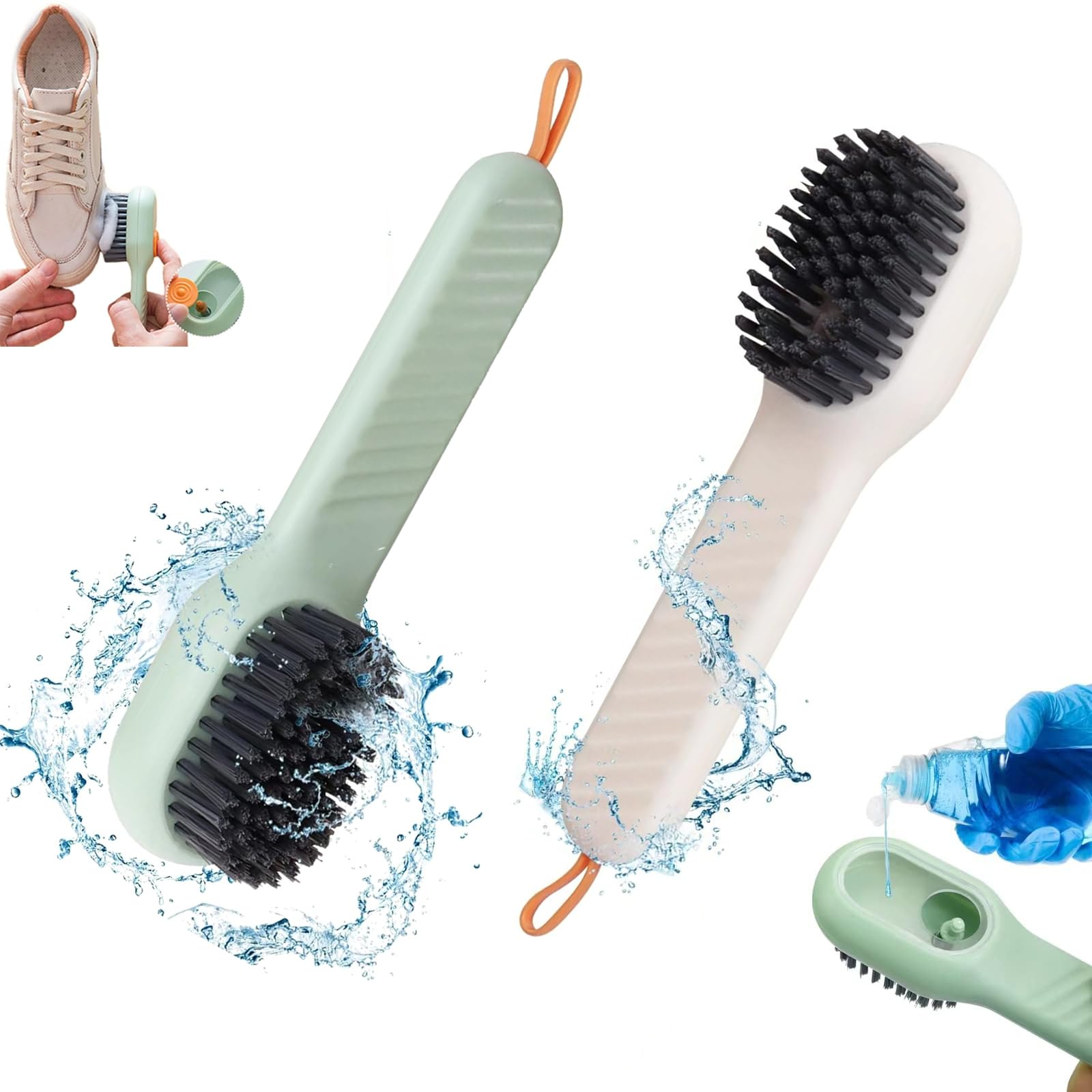 ZAPNIYLShoe Cleaning Brush 2Pcs, Multifunftional Shoe Brushes with Soap Dispenser, Long Handle Shoe Laundry Brush, Carpet and Kids Toys - Travel-Friendly Design (Green & Cream)