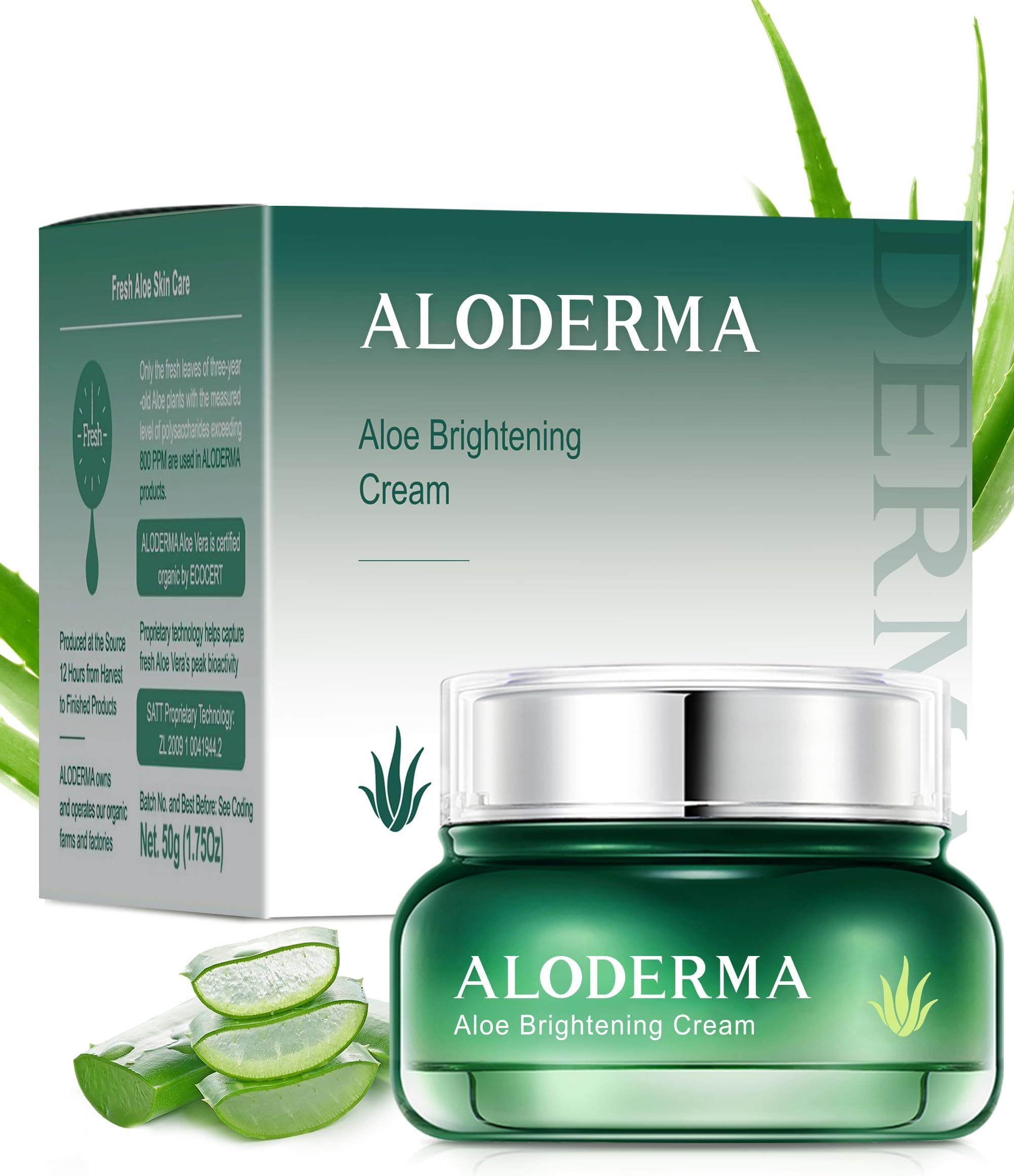- Aloderma Brightening Facial Cream - Made with 69% Organic Aloe Vera - Natural Skin Brightening Squalane & Niacinamide for Flawless Complexion, 1.7oz