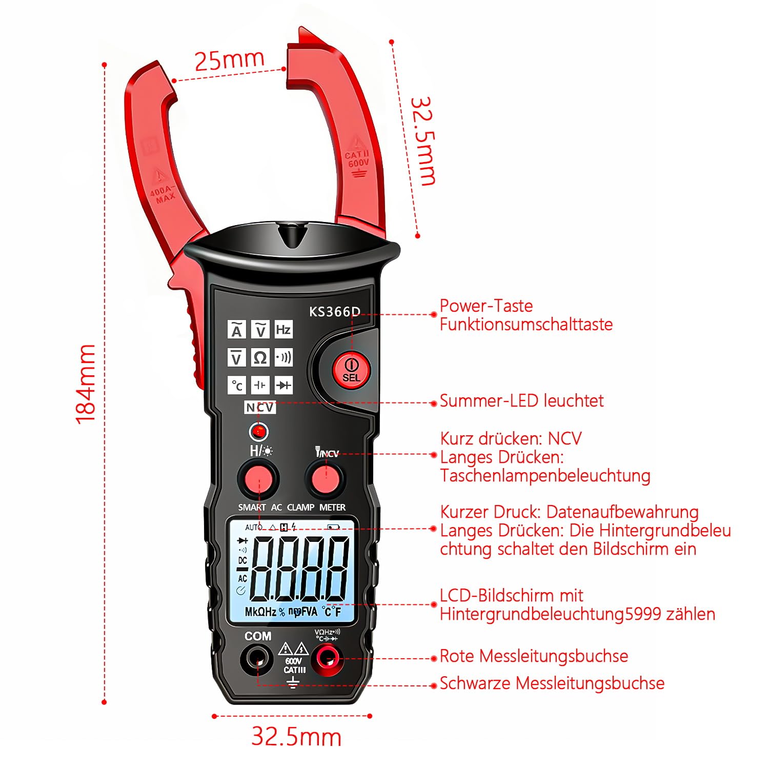 Stromzange, Strommesszange Digital Klemme AC/DC 600A, 6000 Counts TRMS Auto Range Multimeter, Amperemeter, Zangenamperemeter mit Taschenlampe Hintergrundbeleuchtung, NCV-Messung, Piepton-Erinnerung