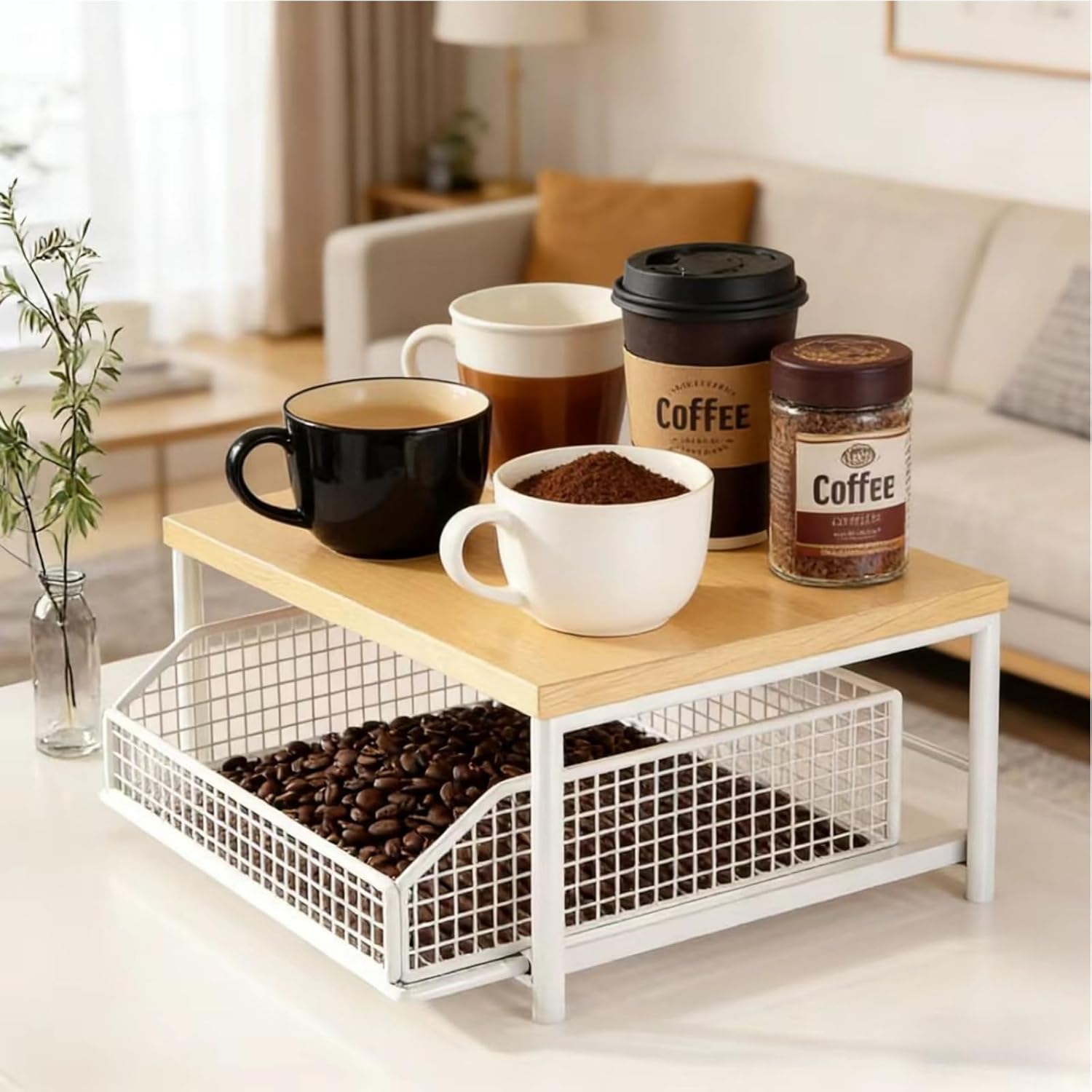 Kitchen Countertop Organizer with Drawer & Wire Basket - Sturdy Hardwood Shelf, Space-Saving for Coffee Maker, Seasoning bottle, Kitchenware (A#1PC)