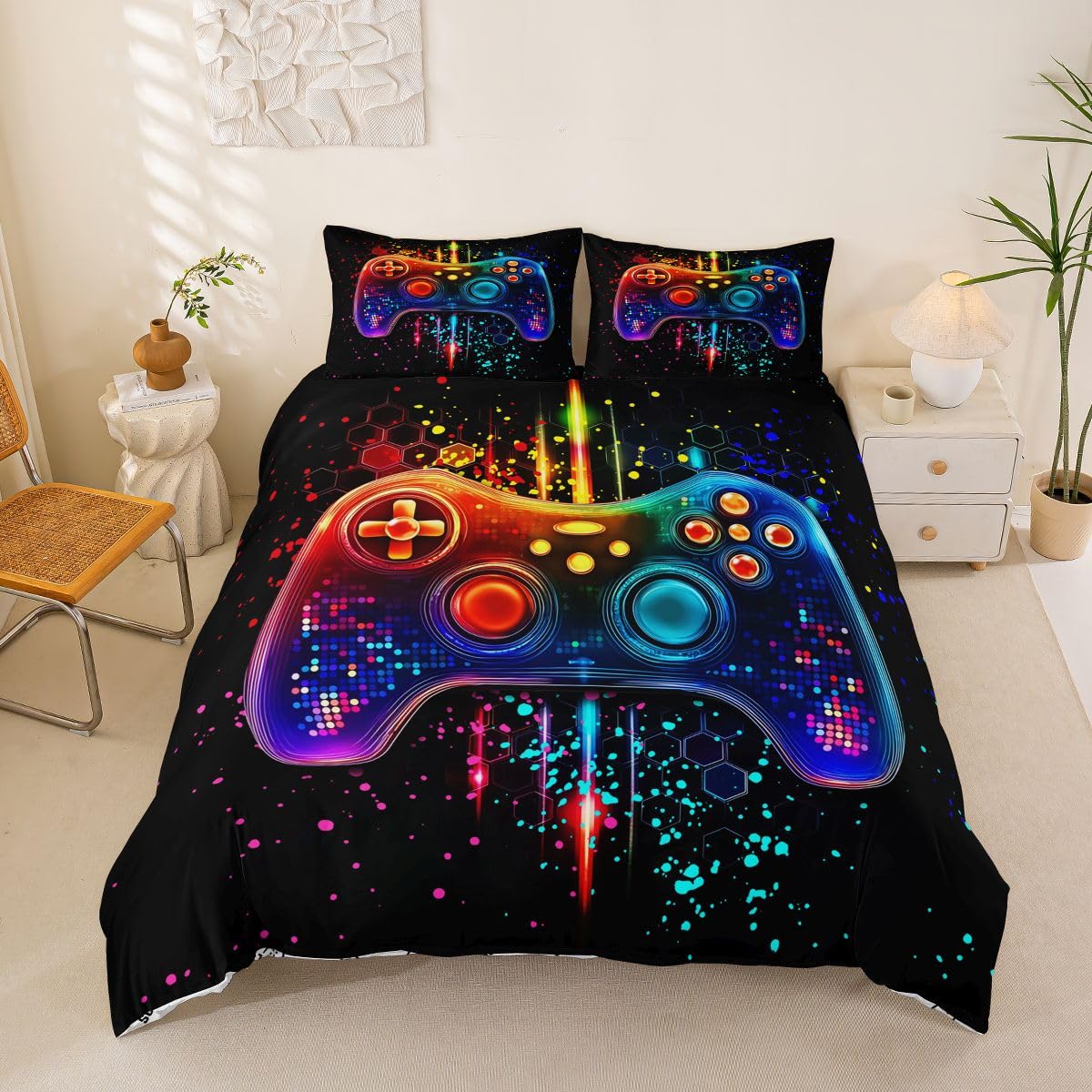 Loussiesd Game Consoles Boys Duvet Cover Set Cot Size Honeycomb Gaming Bedding Set Breathable Soft Cool Gamer Duvet Cover with 1 Pillowcase Bedroom Decor — image 1