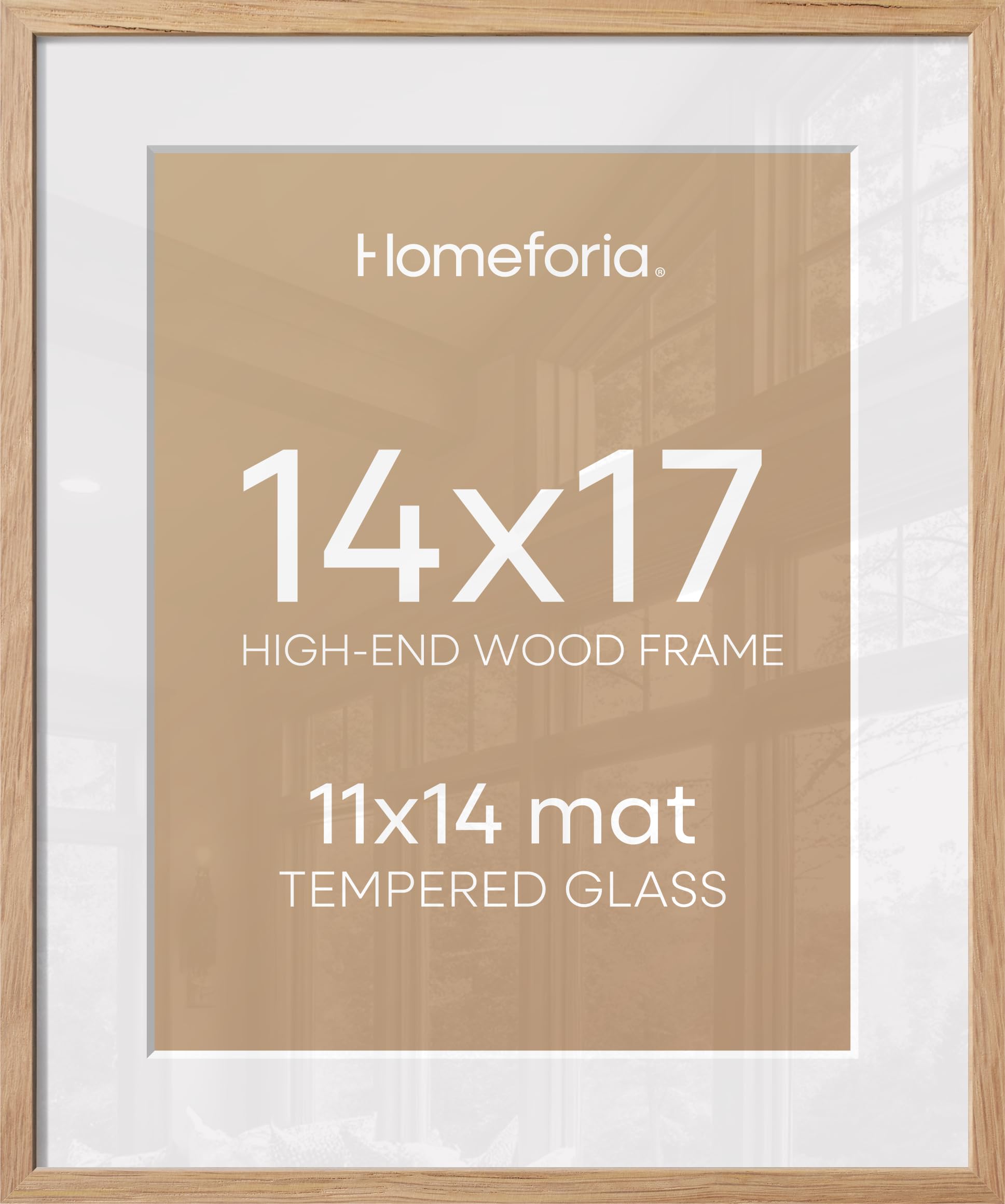 Homeforia 14x17 Natural Oak Picture Frame, High-End Wood, 11x14 Mat, Glass | High End Solid Oak Wood, Tempered Glass, Acid-Free 11x14 Removable Mat, 14x17 Edge-to-Edge Display 17x14, Wall Kit, Set Of 2