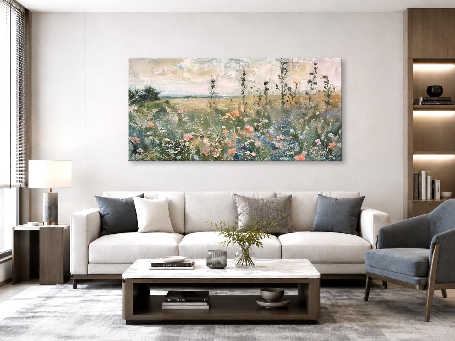 OKEXCKK Vintage Flowers Canvas Wall Art, 3D Textured Landscape Wildflowers Painting, Nature Floral Picture Artwork Print for Bedroom Living Room Office Home Decor 20"x40" image 4