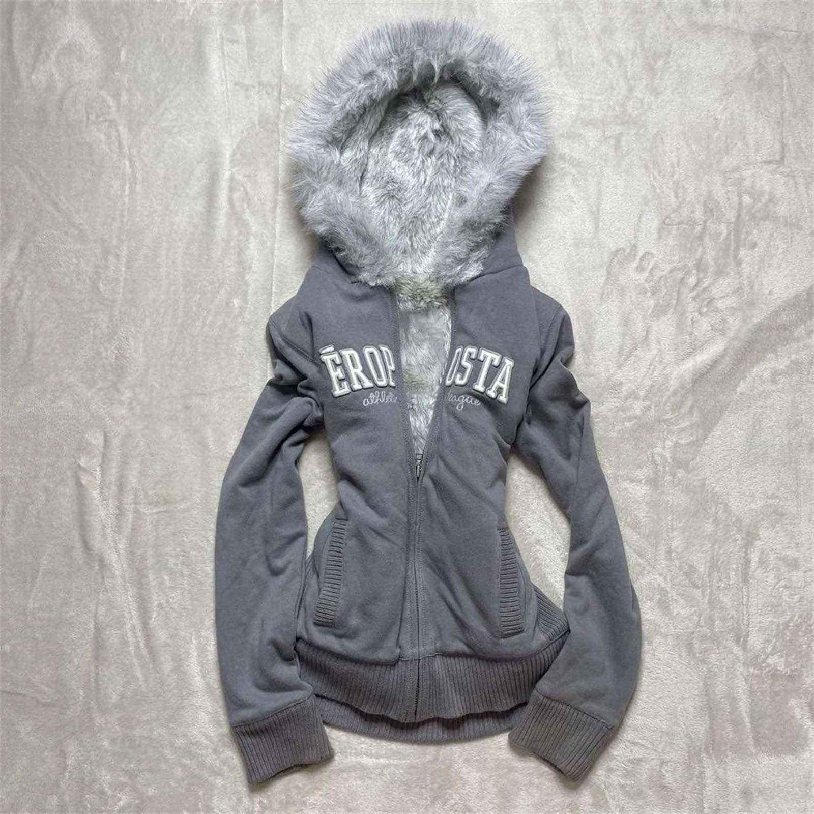 Damen Vintage Grunge Y2K Zip Up Hoodie mit Pelzkapuze Kapuzenjacke