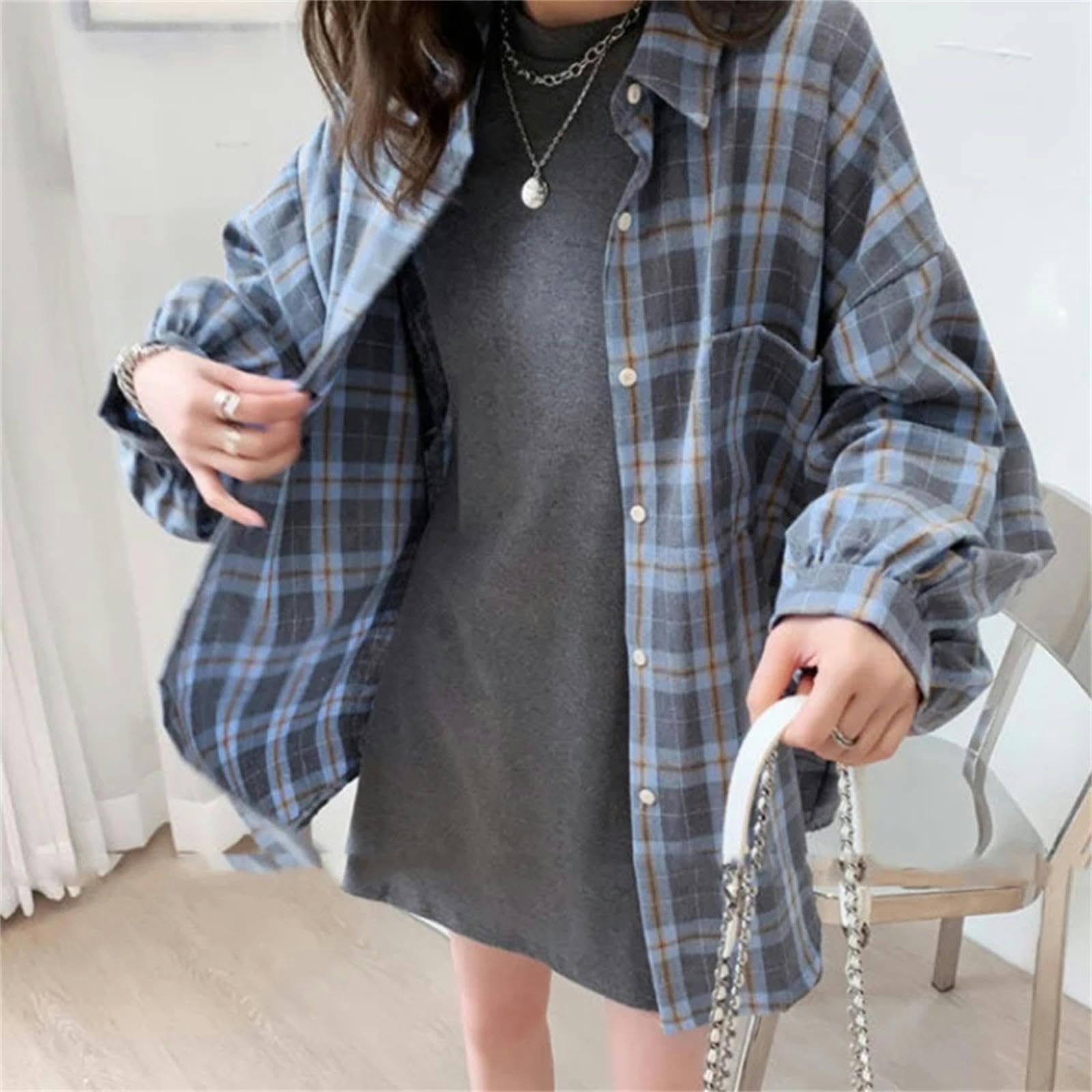 Camicia Camicie A Quadri Donne in Moda Top Oversize Top Giornaliere A Maniche Lunghe A Tutta Partita Camicette