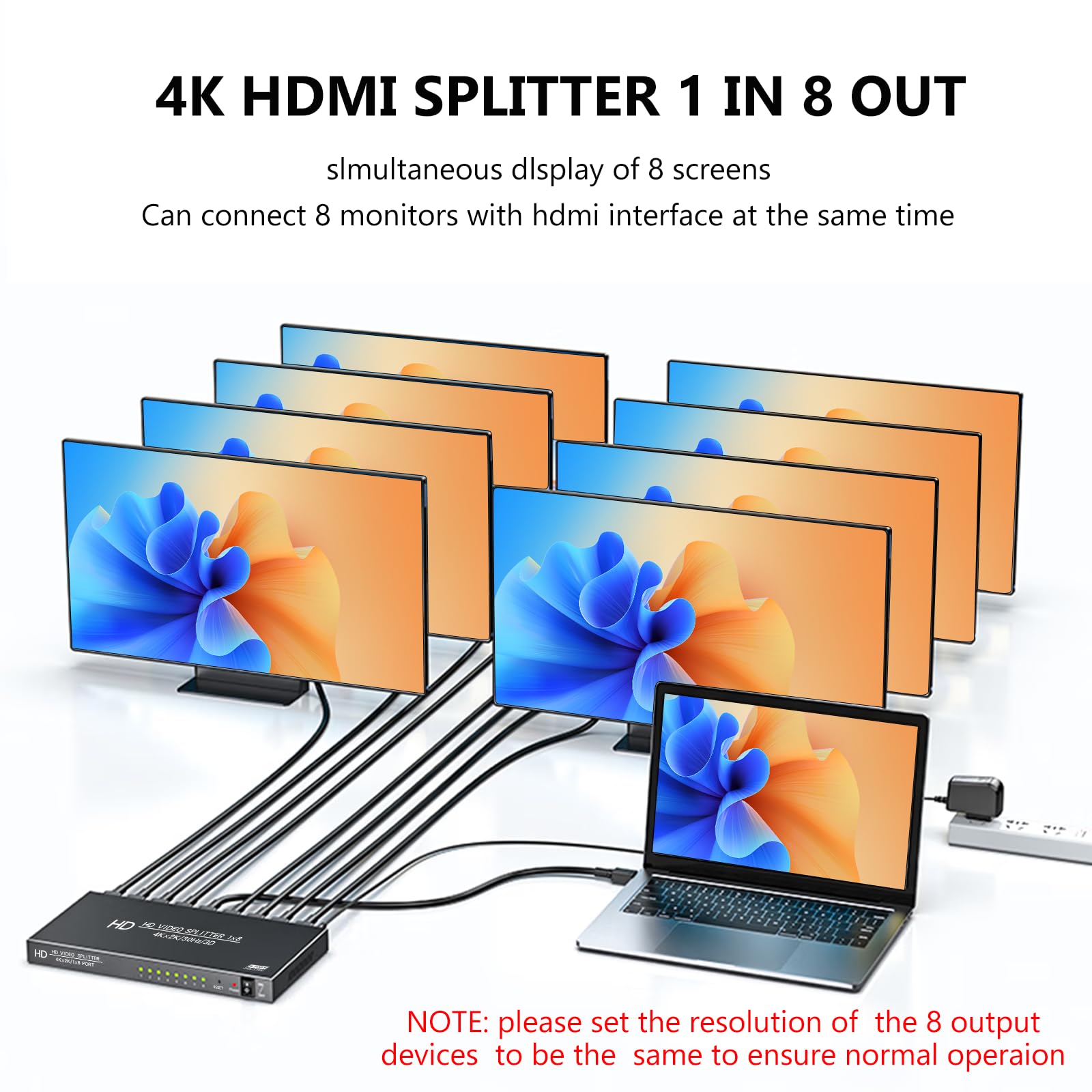 Splitter HDMI 1 en 8 Out-4K HDMI Splitter 1X8 HDMI Splitter -8 Sortie HDMI Splitter - Diviseur HDMI alimenté avec adaptateur CA, compatible avec 4Kx2K@30Hz、3D, pour exposition, présentation,