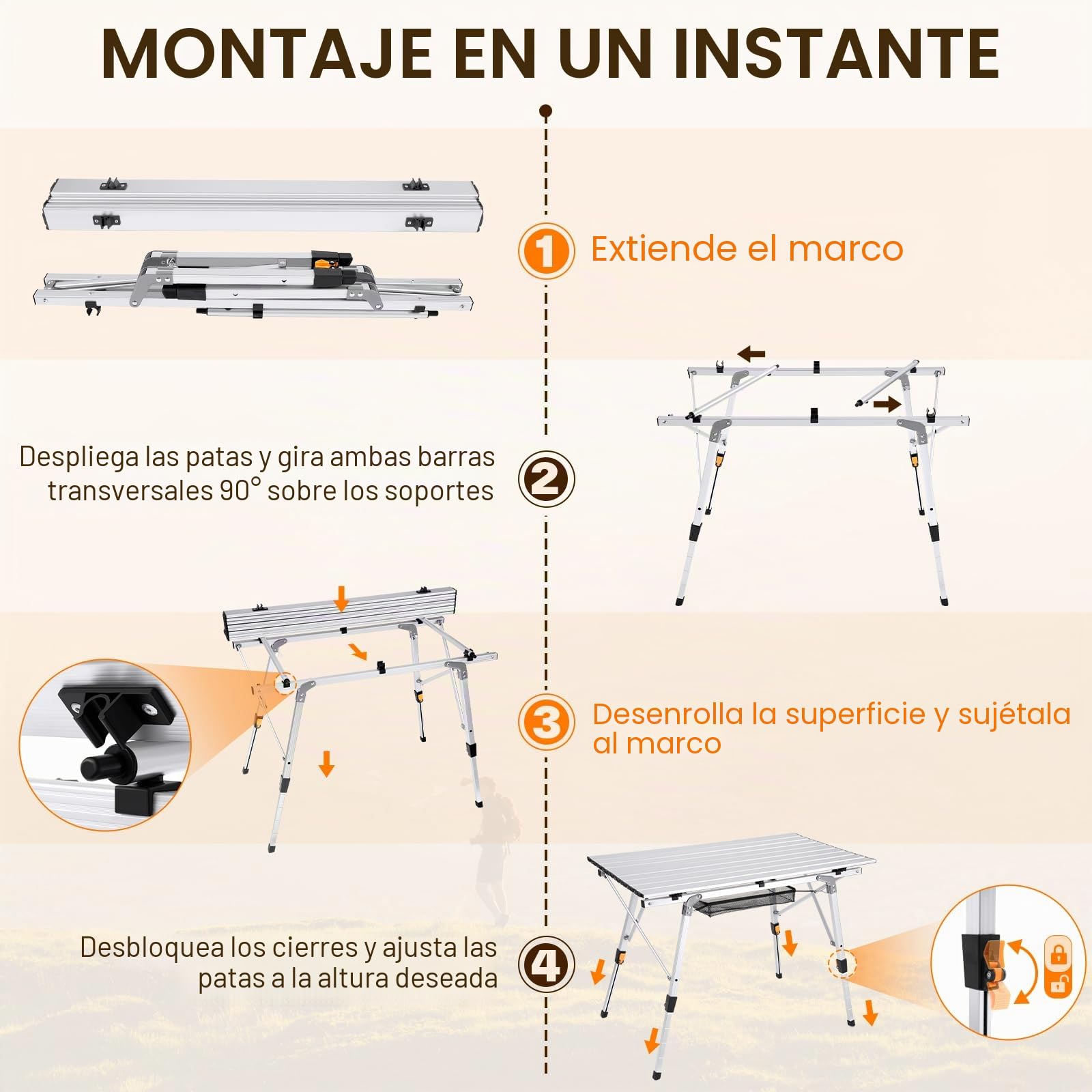Sportneer Mesa plegable de camping al aire libre, mesa de picnic portátil con altura ajustable, capa de malla, mesa plegable de camping con mesa enrollable de aluminio para campamento, cocina, jardín