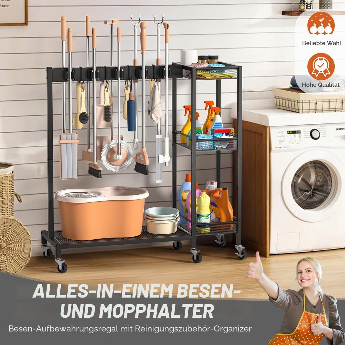 Bikoney Besenhalterung und Gerätehalter – Gartengeräte Halterung mit Gartenwerkzeug Aufbewahrung, Besenhalter mit Haken und Mopphalter, Reinigungswagen für Waschküche und Putzschrank