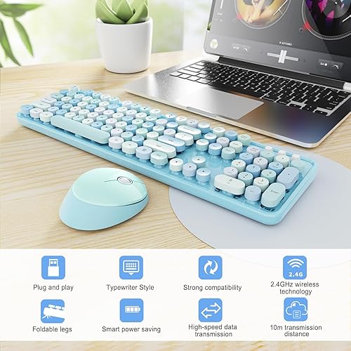 Vista 71 de Combo de teclado y mouse inalámbricos, colorido teclado ergonómico de tamaño completo con diseño retro, silencioso, con teclas bonitas, compatible