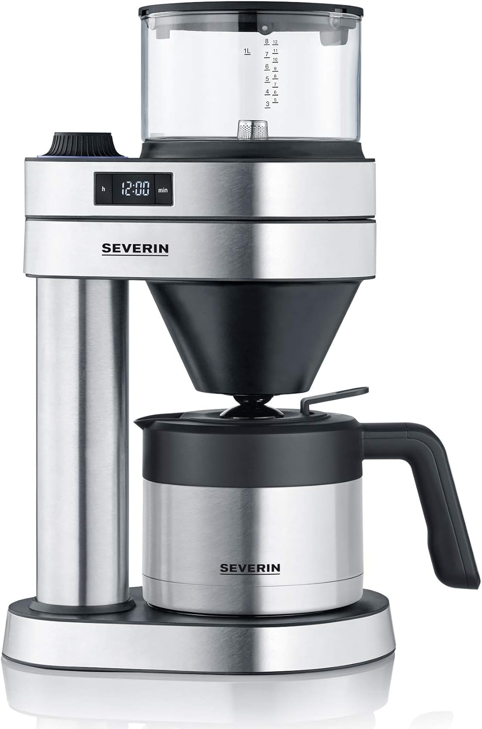 Davant view of the assembled Severin Caprice filter coffee machine KA 5761 in brushed stainless steel and black, displaying the digital timer.