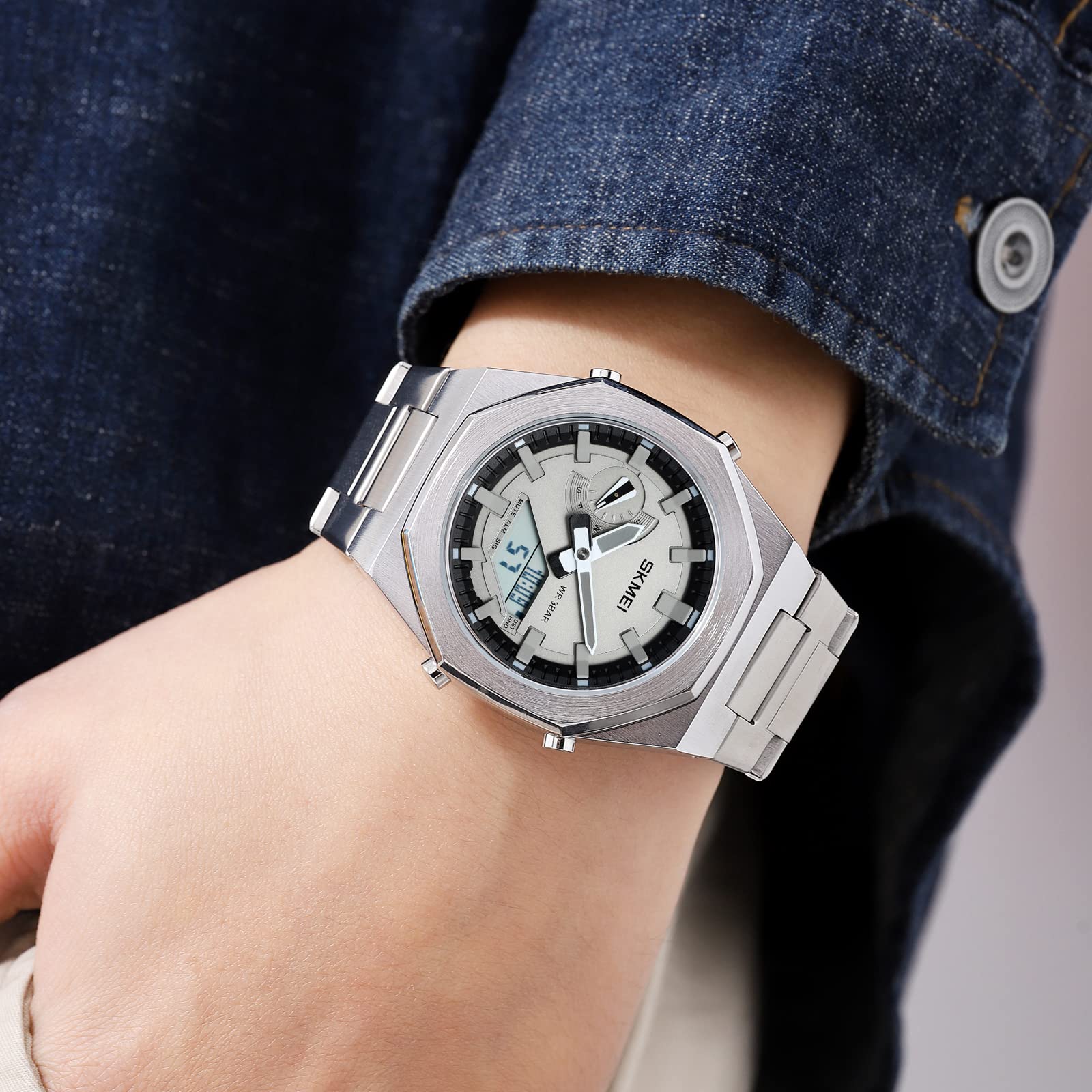 Gosasa Herren Luxus Retro Analog Digital Uhr Achteckig Edelstahl Armband 30M Wasserdicht Metall Sport Kleid Armbanduhr mit LED Hintergrundbeleuchtung, Weltzeit, Stoppuhr, 5 Alarme, Datum Woche Anzeige
