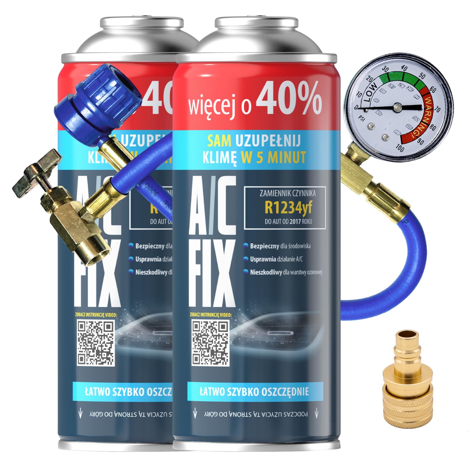 R1234yf - Gas di Ricambio per refrigerante, condizionatore d'Aria per Auto, refrigerante, bombola del Gas, 2 x 235 g, Tubo climatizzatore, manometro, Aria condizionata, Adattatore HP/LP- Eco