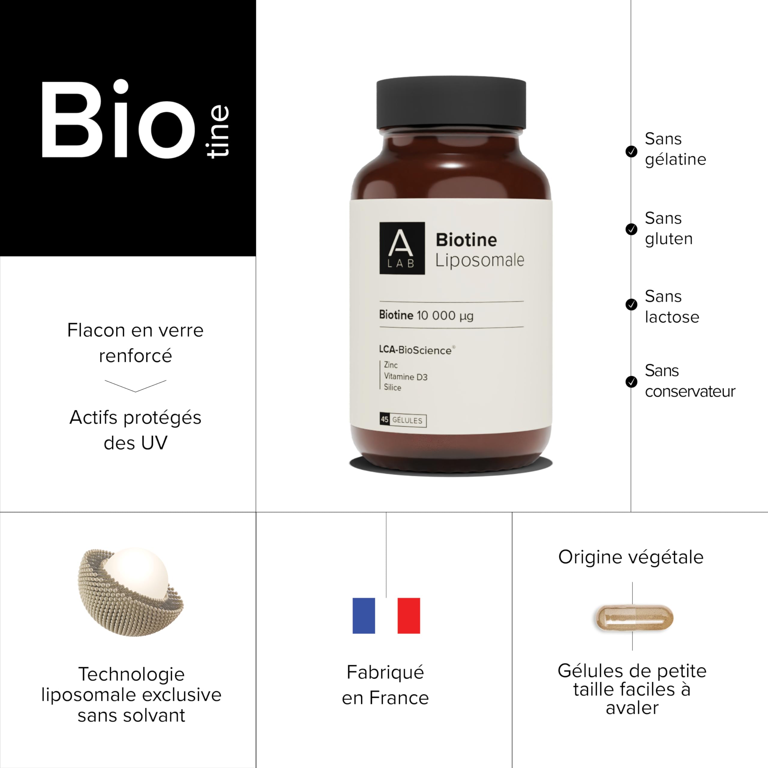 A-LAB Biotine Liposomale 10 000 µg - Pousse Cheveux & Ongles - Avec Zinc, Silice, Vitamine D3 - Assimilation Renforcée - 45 Jours