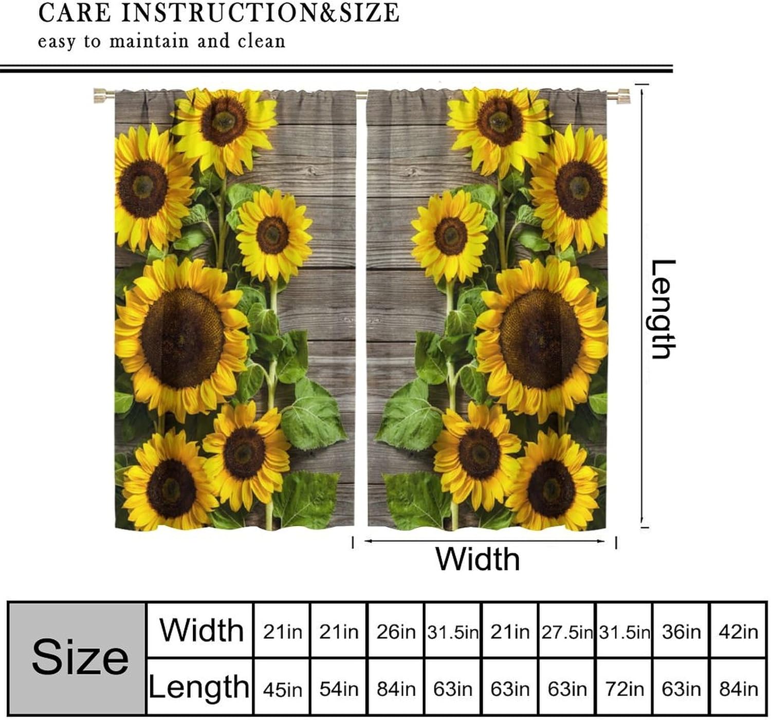 Sunflower Floral Curtains Spring Flower Rustic Wooden Barn Door Art Printed Blackout Window Drapes for Bedroom Kitchen Decor Fabric Set 2 Panel 42x45 Inch 80% Shading Rate