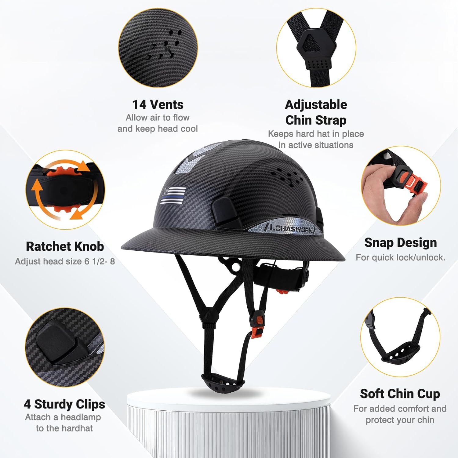 Full Brim Hard Hat, OSHA Construction Work Approved, ABS Safety Helmet with 6 Point Adjustable Ratchet Suspension Industrial Work