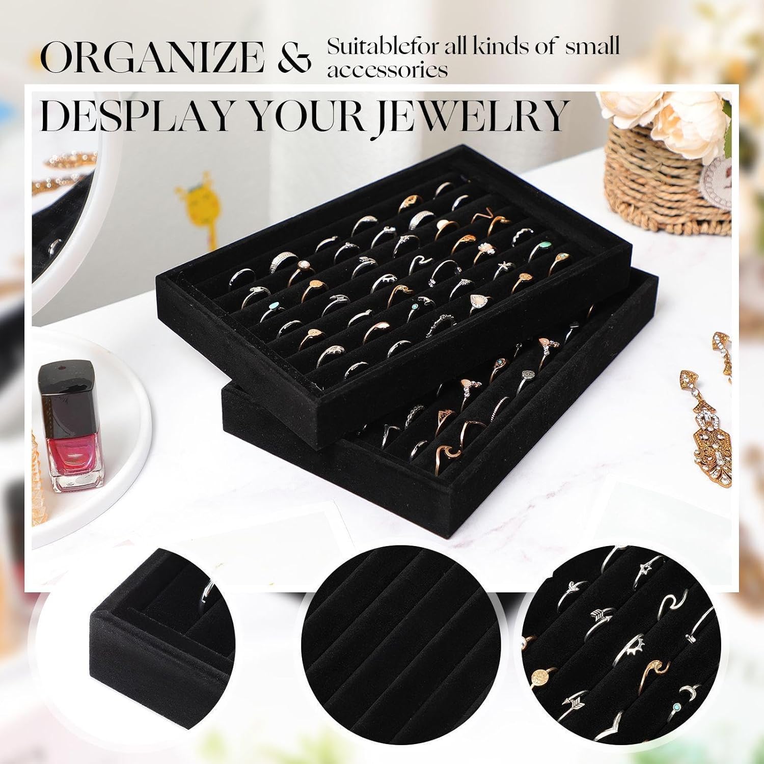 JaGely 6 Pcs Jewelry Ring Tray 7 Slots Ring Organizer Stackable Holder for Jewelry Display Drawer Insert for Dresser Earring(Black)