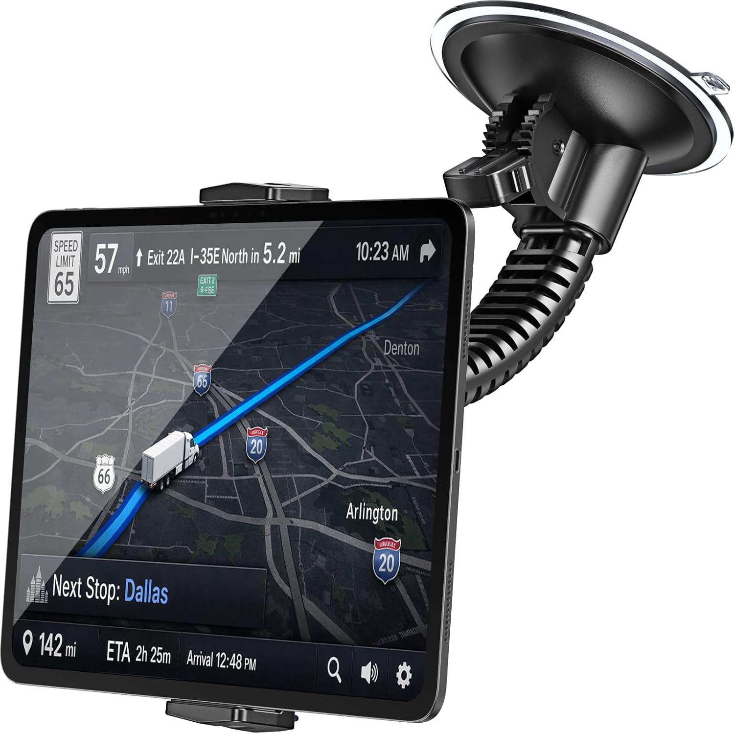 APPS2Car Heavy-Duty Truck Tablet Holder, 4.33" Extra Large Vacuum Suction Cup, Ultra Stable Double-Rib Metal Arm Anti-Shake, Adjustable Tablet Car Mount for iPad fit Pickup Trucks, Semi Truck, Tractor