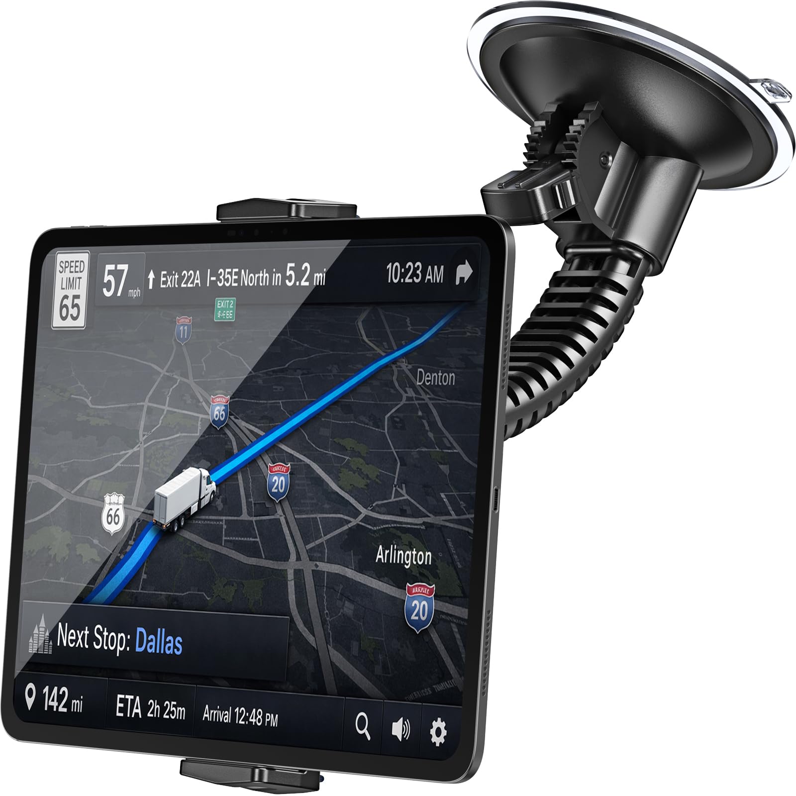 APPS2Car Heavy-Duty Truck Tablet Holder, 4.33" Extra Large Vacuum Suction Cup, Ultra Stable Double-Rib Metal Arm Anti-Shake, Adjustable Tablet Car Mount for iPad fit Pickup Trucks, Semi Truck, Tractor