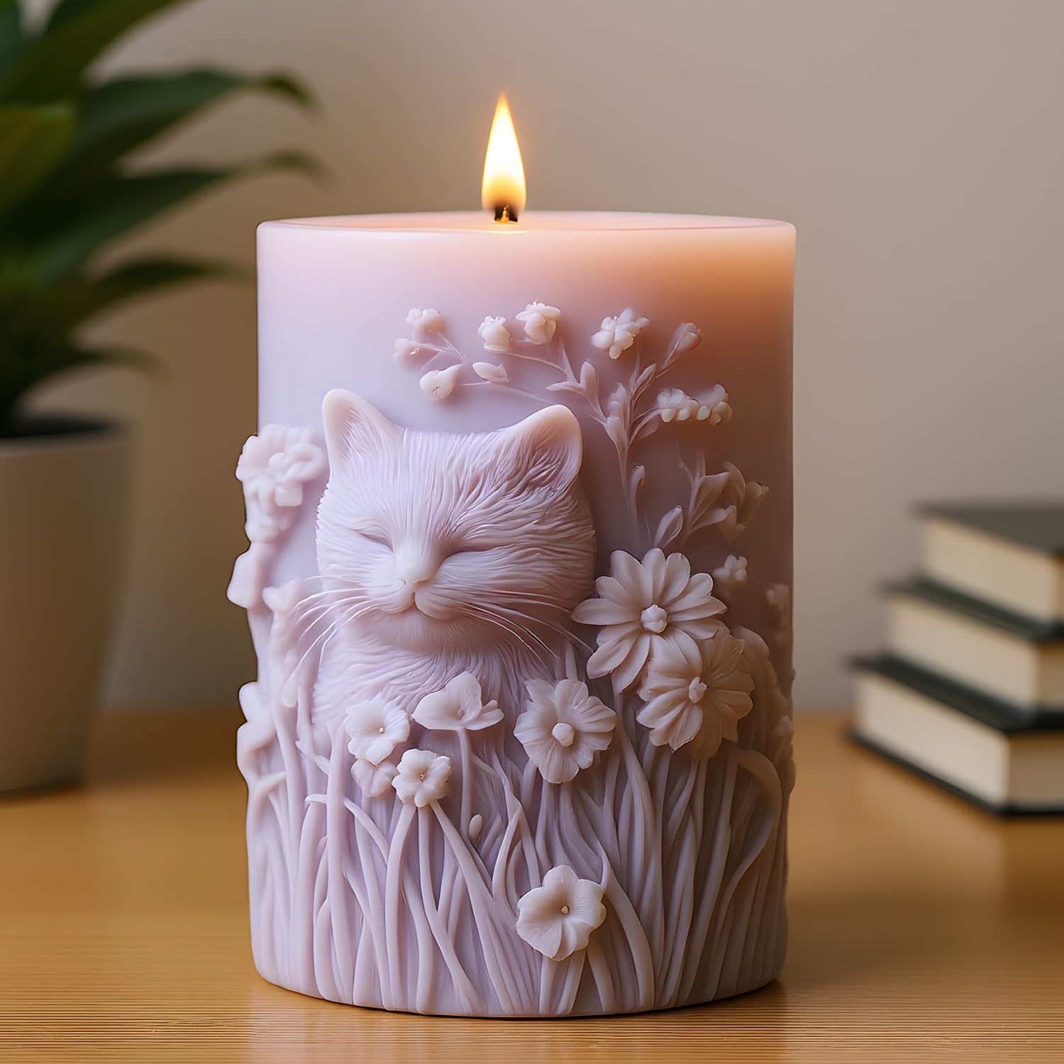 Cat Relief Pillar Candle Mold Smiling Cat Flower Cylinder Silicone Candle Molds for Candles Making Resin Casting Aromatherapy Candles Handmade Wax Home Decor