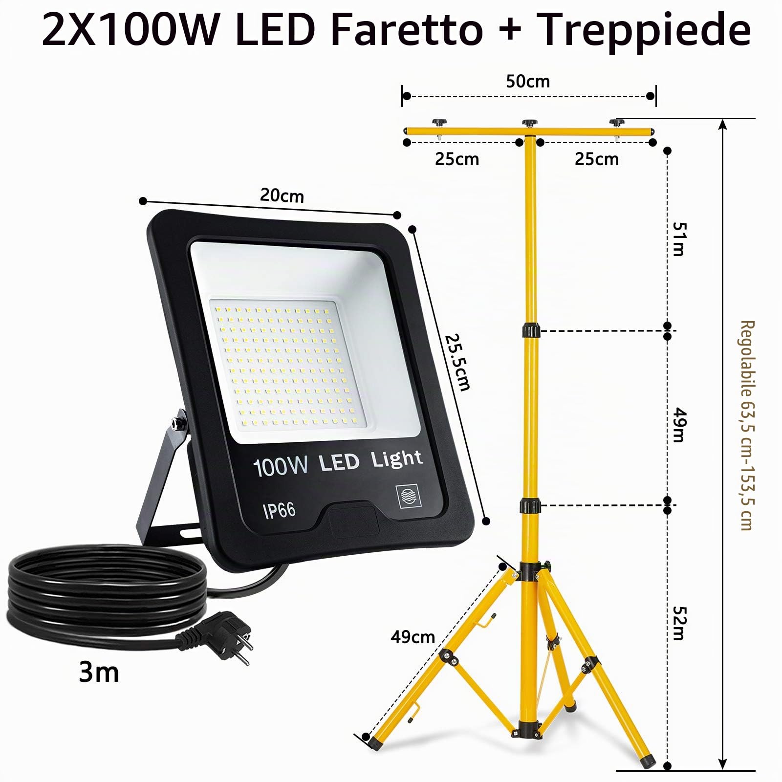Froadp 2x100W Lampada Lavoro con Treppiede Faretto da Cantiere con Alloggiamento in Alluminio Cavo di Alimentazione da 3m e Spina Europea Proiettore Impermeabile IP66 Contro i Fulmini(Bianco Freddo)