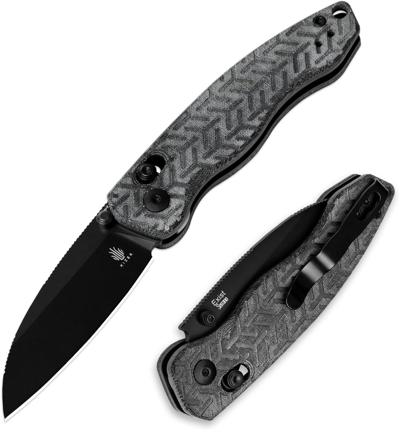Kizer Exist Pocket Knife, 2.78" Nitro V Drop Point Blade EDC Folding Knife with Innovative Clutch Lock, Black Micarta Handle Small Hunting Camping Knives with Thumb Stud Opener for Men Women, V3681A1