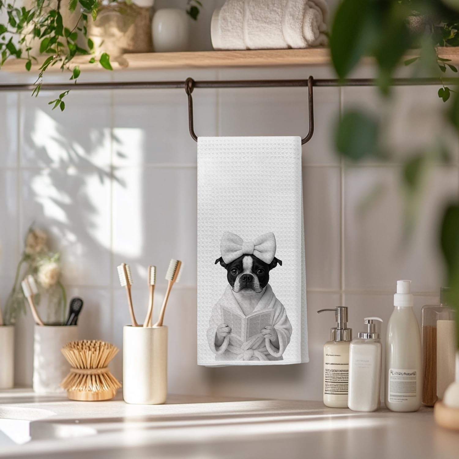 Funny Boston Terrier Reading Dish Towels – Dog Lover Gifts for Women, Bookish Mom Hand Towels for Bathroom, 16x24 Inch - Image 5