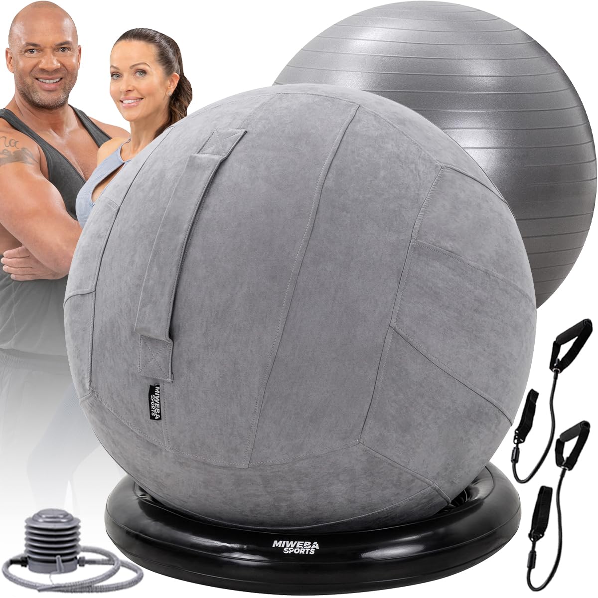 Miweba Sports Gymnastikball | 65 cm ∅ - Traglast 500 kg - Pilates Ball - Pezziball - 4in1 Set inkl Ballauflage - Bürostuhl - Sitzball - Balance Ball - Hüpfball - Pilatesball - Yoga - Schlingentrainer
