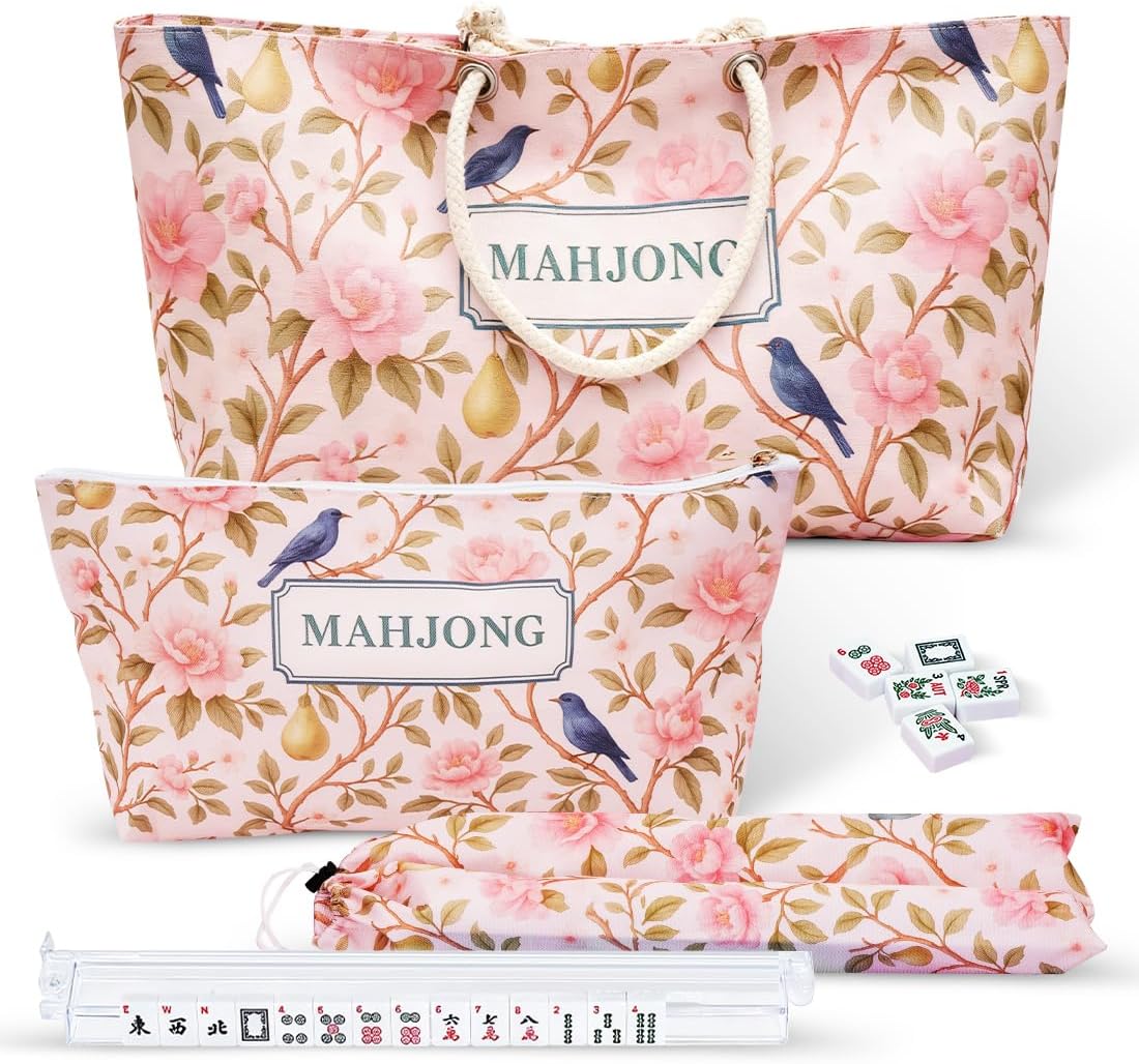 FUYIHGL® 3PCS Empty Mahjong Bag for Tiles and Rack: Floral American Mah Jong Tote Bag, Tile Carrying Case, Rack with Pushers Storage Organizer - Mah Jongg Accessories and Gifts for Game Night Travel