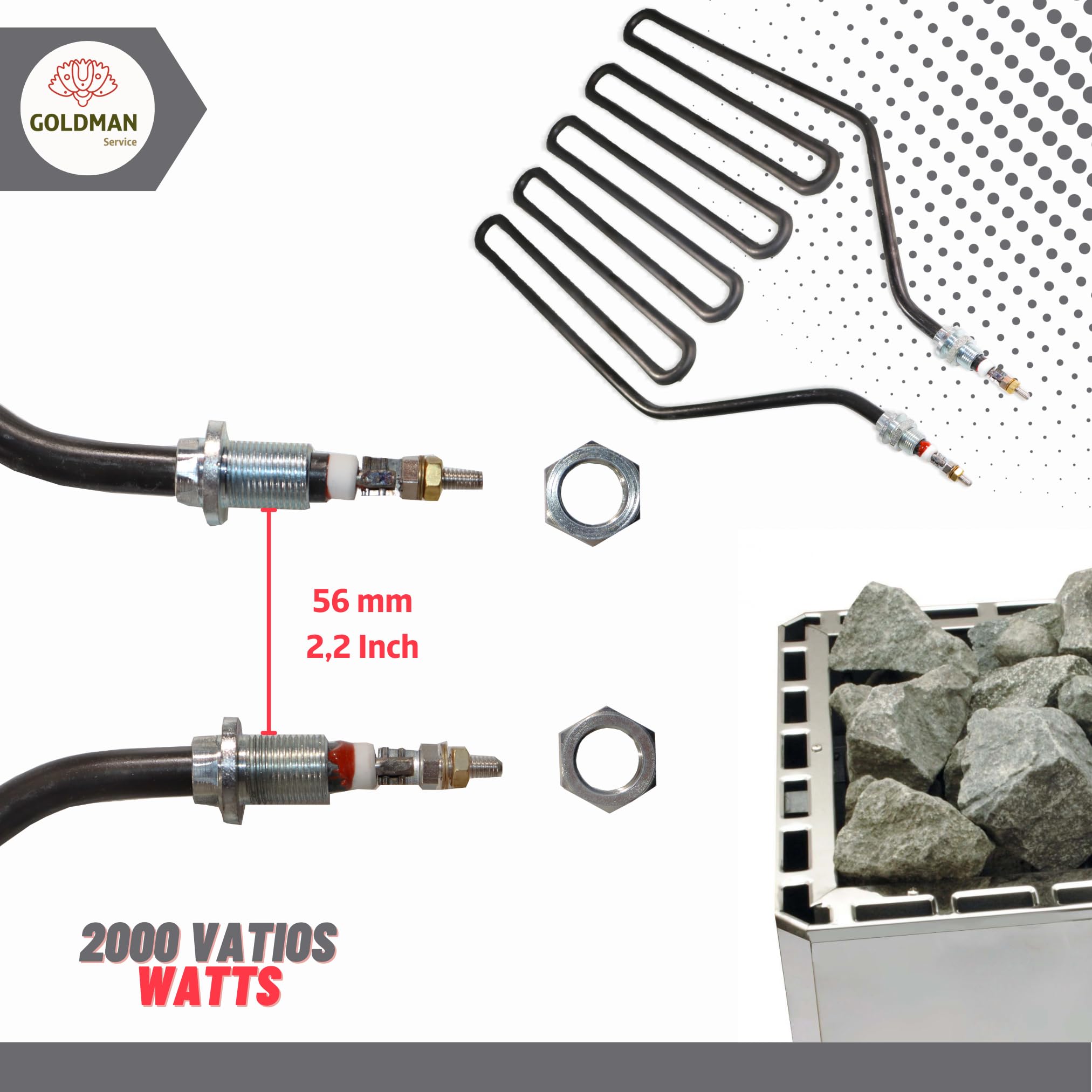 GOLDMAN SERVICE Resistencia para Estufa de Sauna - Alta Potencia 2000W - Recambio Compatible para Horno Calefactor de Sauna Finlandesa, Spaa, Clubs, Hotel. Medida: 375 x 224 milímetros