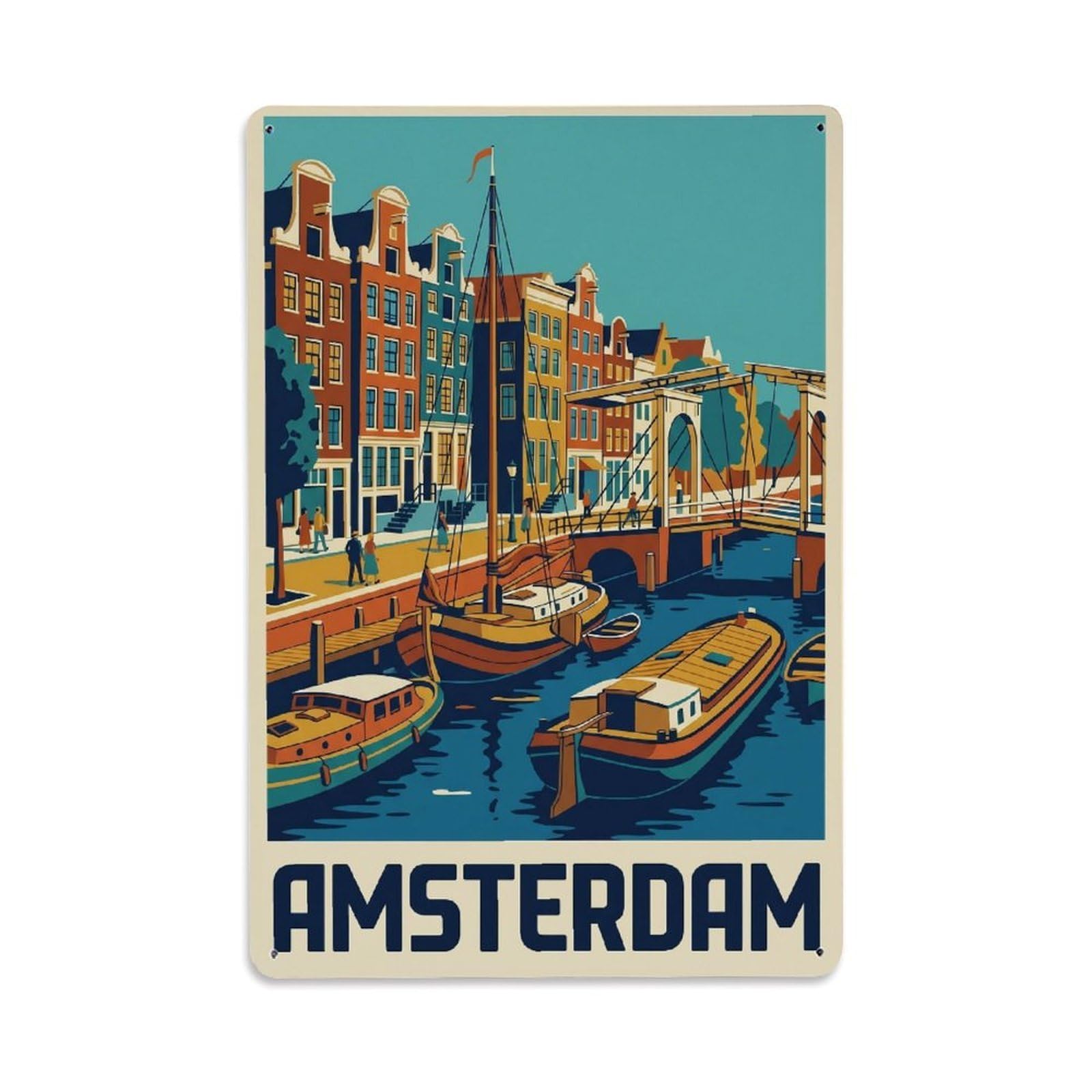 Okngb Style Amsterdam Quay Waterfront Vintage Waterway Travel Canal Metal Tin Sign Plaque Wall Decor For Cafe, Man Cave, Club Bar, Office, Home Garden Round Metal Poster 8X12inch