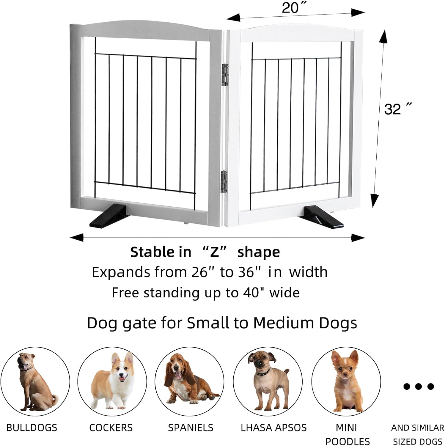 ZJSF Freestanding Dog Fence Indoor, Foldable Dog Gate for Doorways, Stairs or Hallways, Sturdy Wood Extra Wide Pet Gate with Support Feet for The House, White, 32 "Height-2 Panels