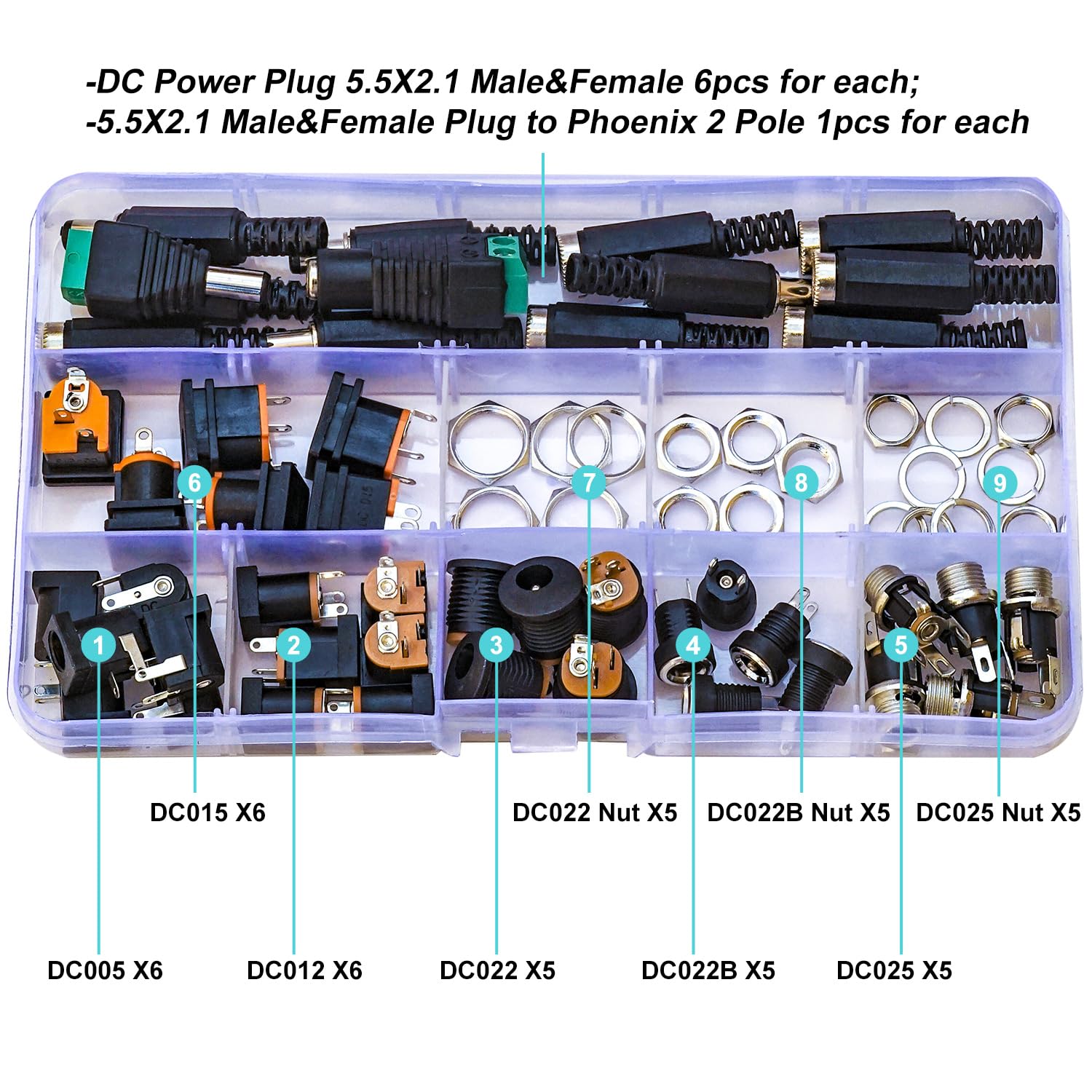 JTSINERU 2.1mm DC Jack Kit, 5.5mm x 2.1mm DC Power Connector with Hex Nut Type, DC Plug Barrel Jack for Power Supply, Panel Mount & DIY Projects (JTS-DC-Jack)