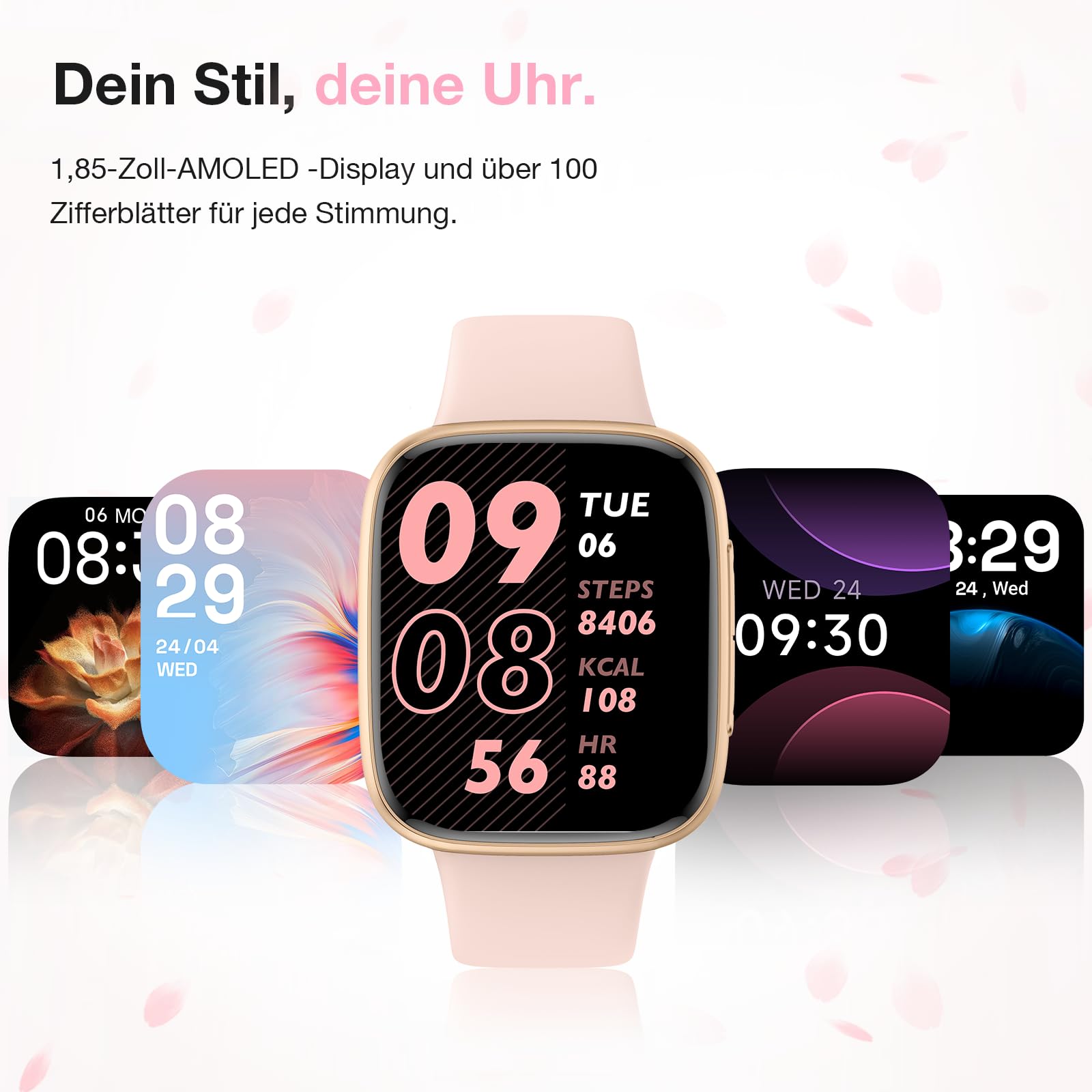 Smartwatch Damen Herren, 1,85″ AMOLED Touchscreen, Fitness Tracker mit Bluetooth Anrufen & KI, Herzfrequenz, SpO2, Schlaf- & Frauenzyklus-Tracking, 100+ Sportmodi, 3ATM Wasserdicht für iOS & Android