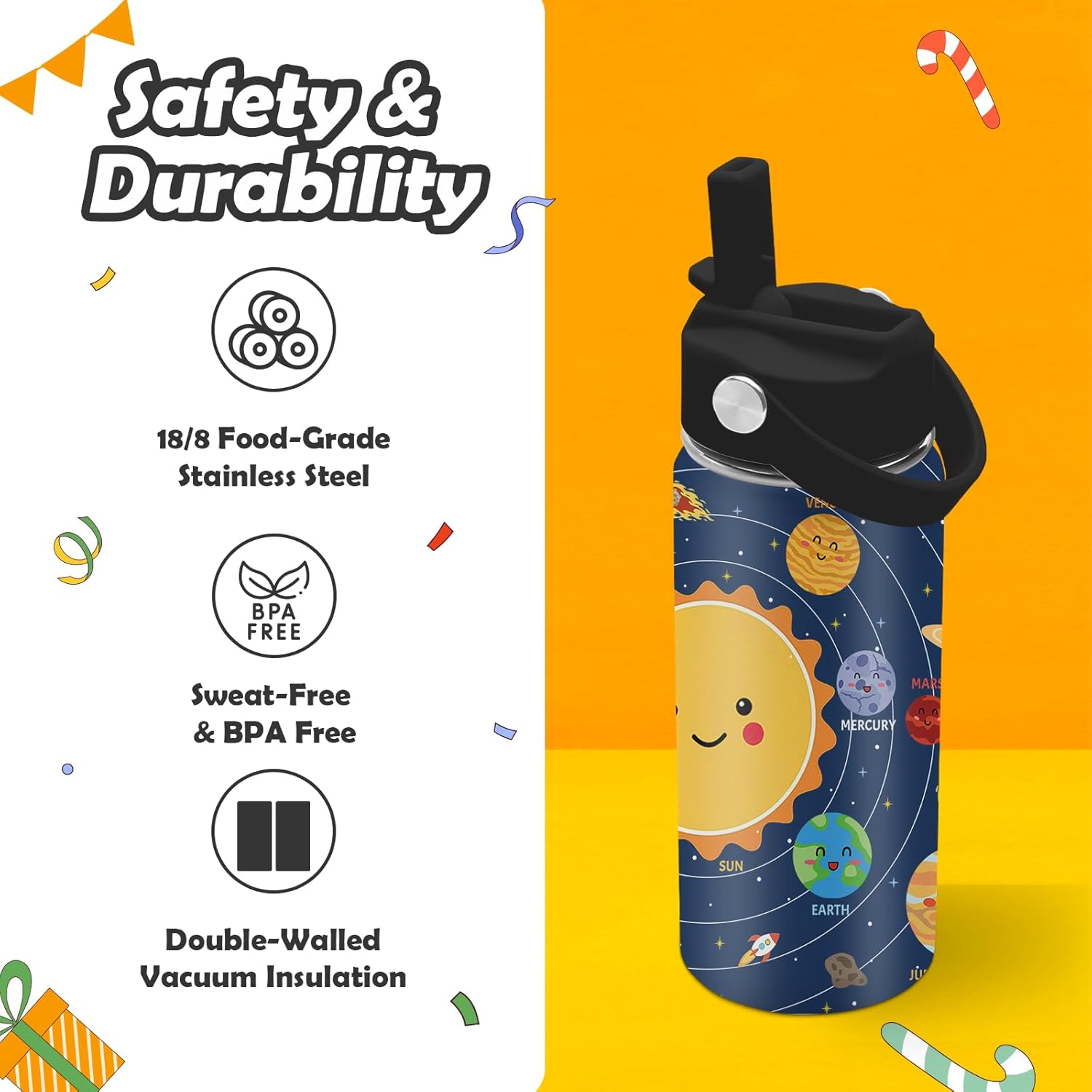 Space Planet Water Bottle - Space 16oz Stainless Steel Water Bottle with Straw - Funny Planet Insulated Cup for Boys - Solar System Kids Tumbler for School, Sports, Travel - Image 4