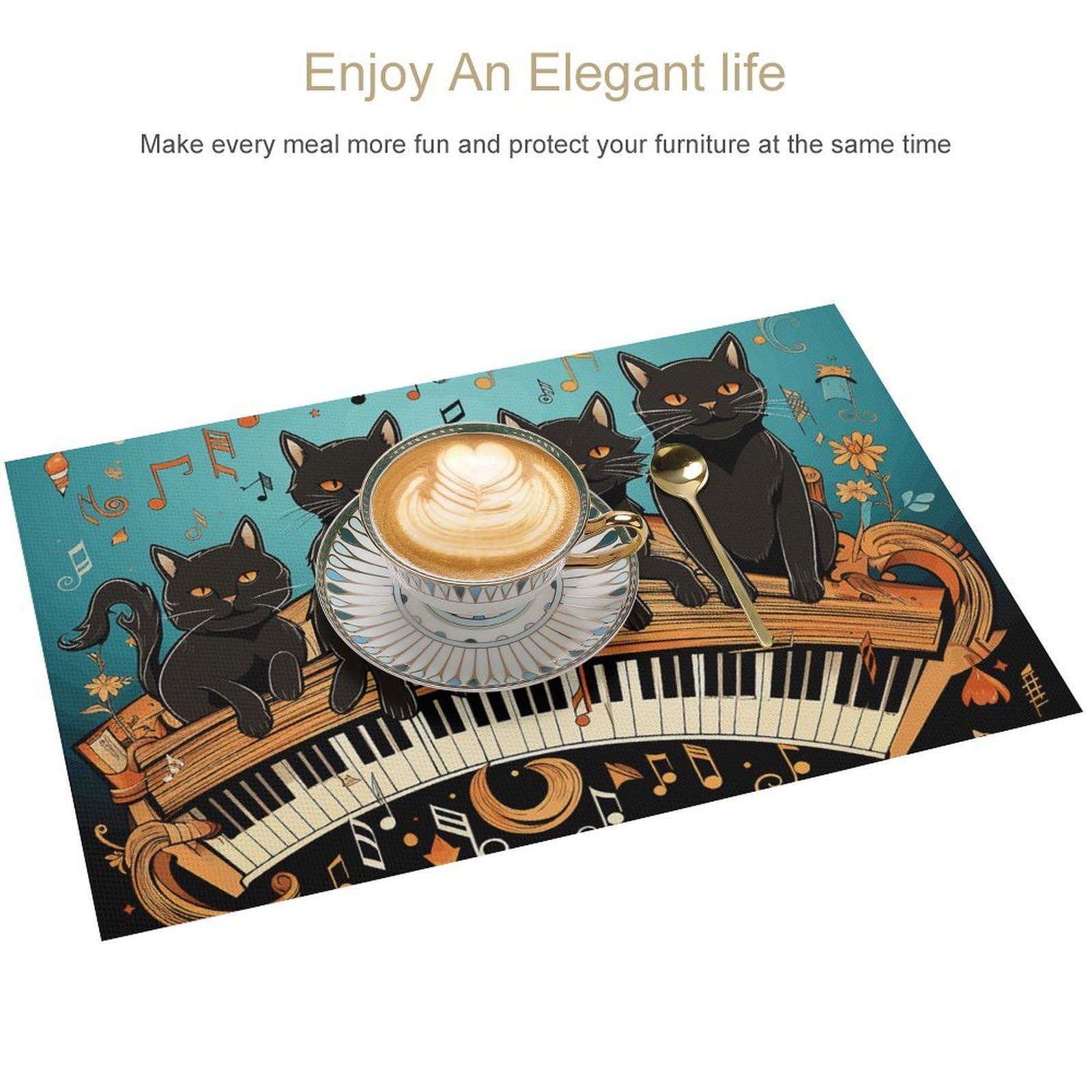 Set di 6 tovagliette all'americana in PVC con quattro gatti neri sdraiati sul pianoforte, lavabili e resistenti al calore, antiscivolo, impermeabili, per tavolo da pranzo per interni ed esterni