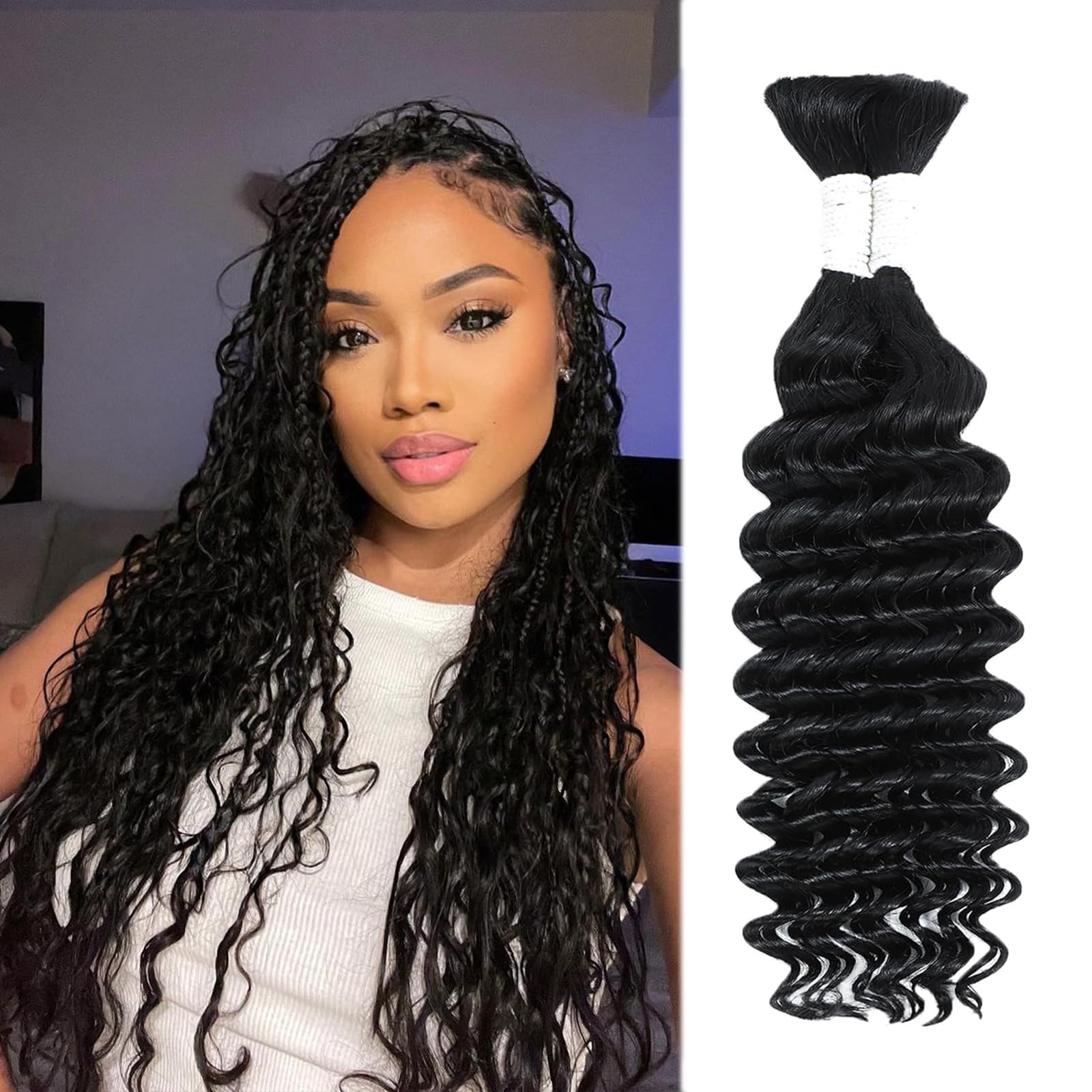 Coolbeeza Human Braiding Hair 18 Inch Deep Water Wave Bulk Human Hair for Braiding 12A Brazilian Virgin Curly Hair for Boho Braids Wet and Wavy No Weft 2 Bundles 100g Hair Extensions