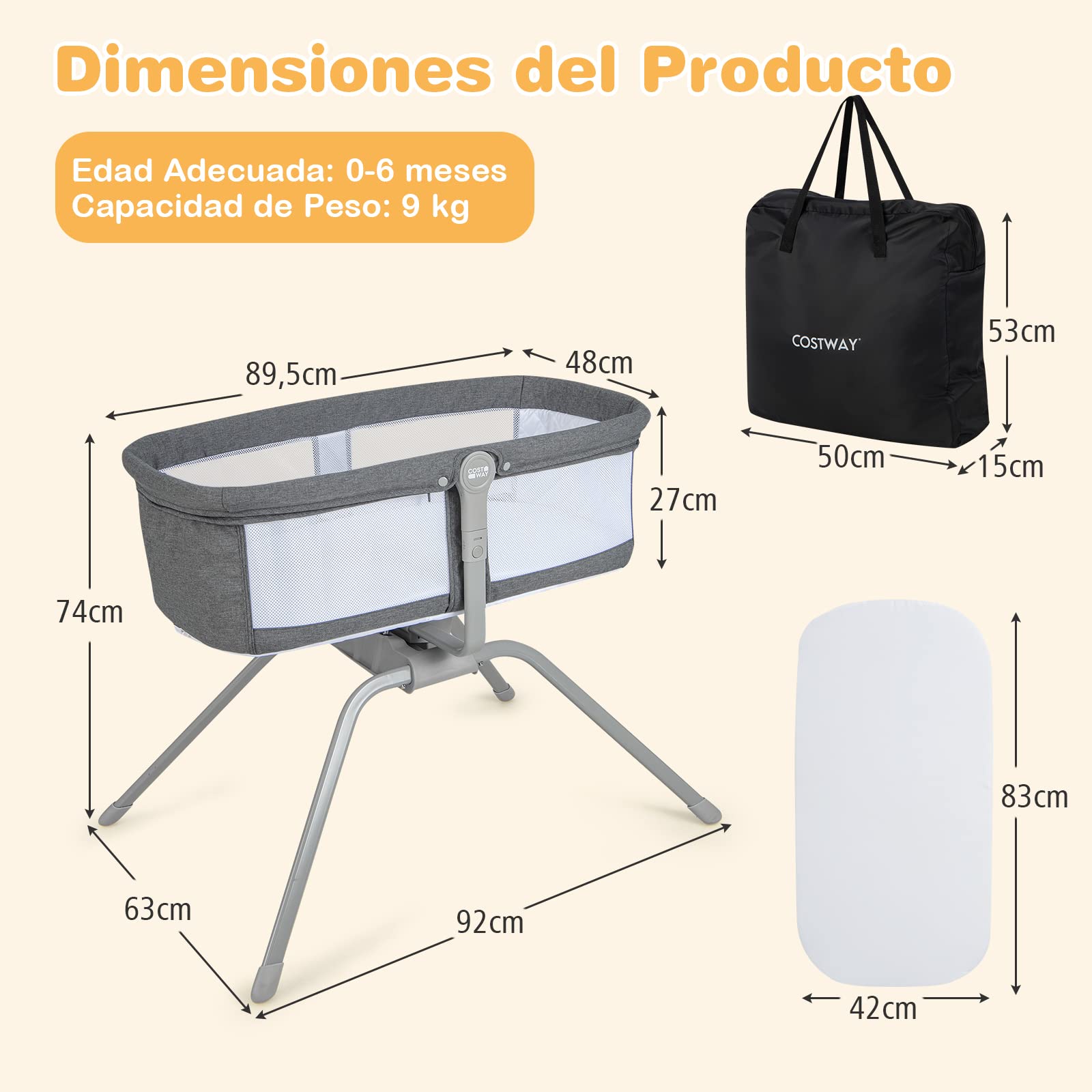 COSTWAY Cuna para Bebé Plegable, Cama de Viaje Mecedora Manual para Bebés, Cuna Portátil Plegable con Colchón y Bolsa de Transporte, Cama Cuna para Recién Nacidos